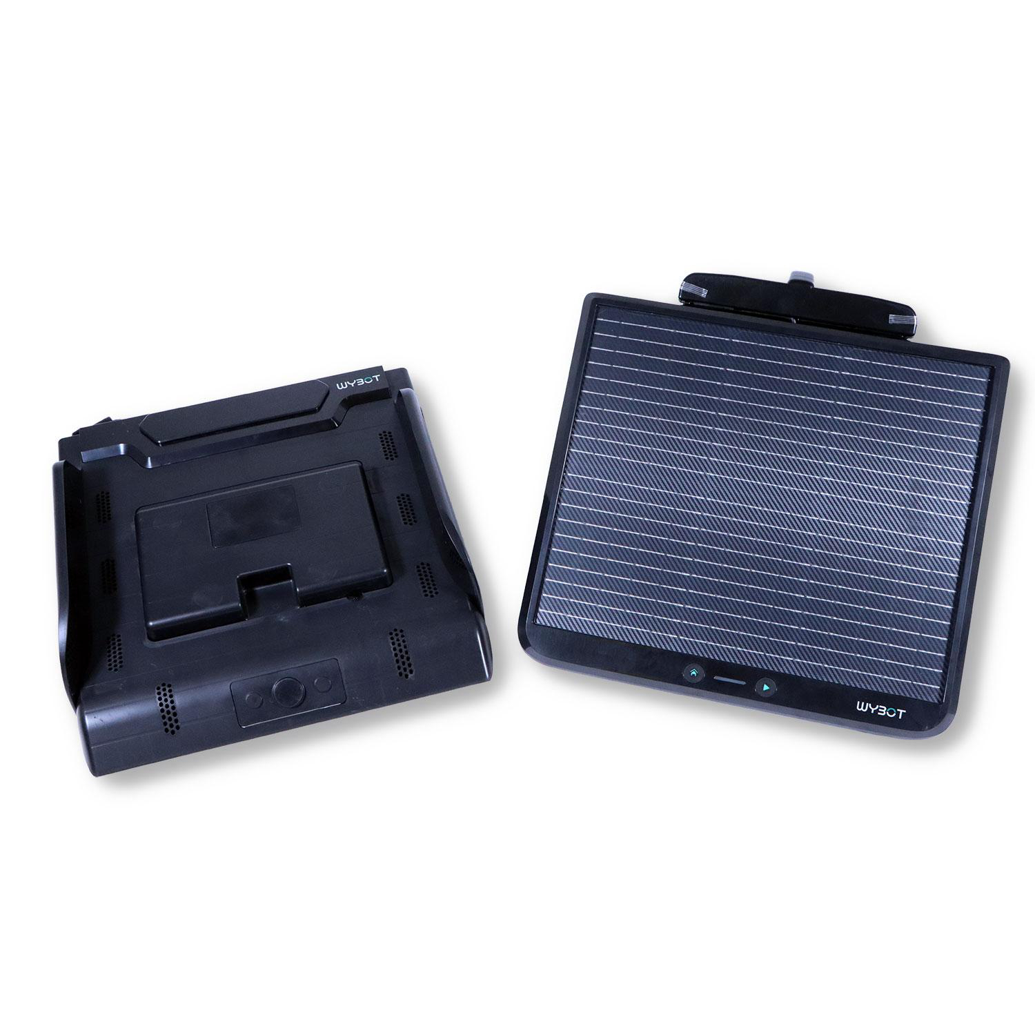 Zwei schwarze Wybot Geräte auf weißem Grund, links eine Ladestation und rechts ein Solarmodul.