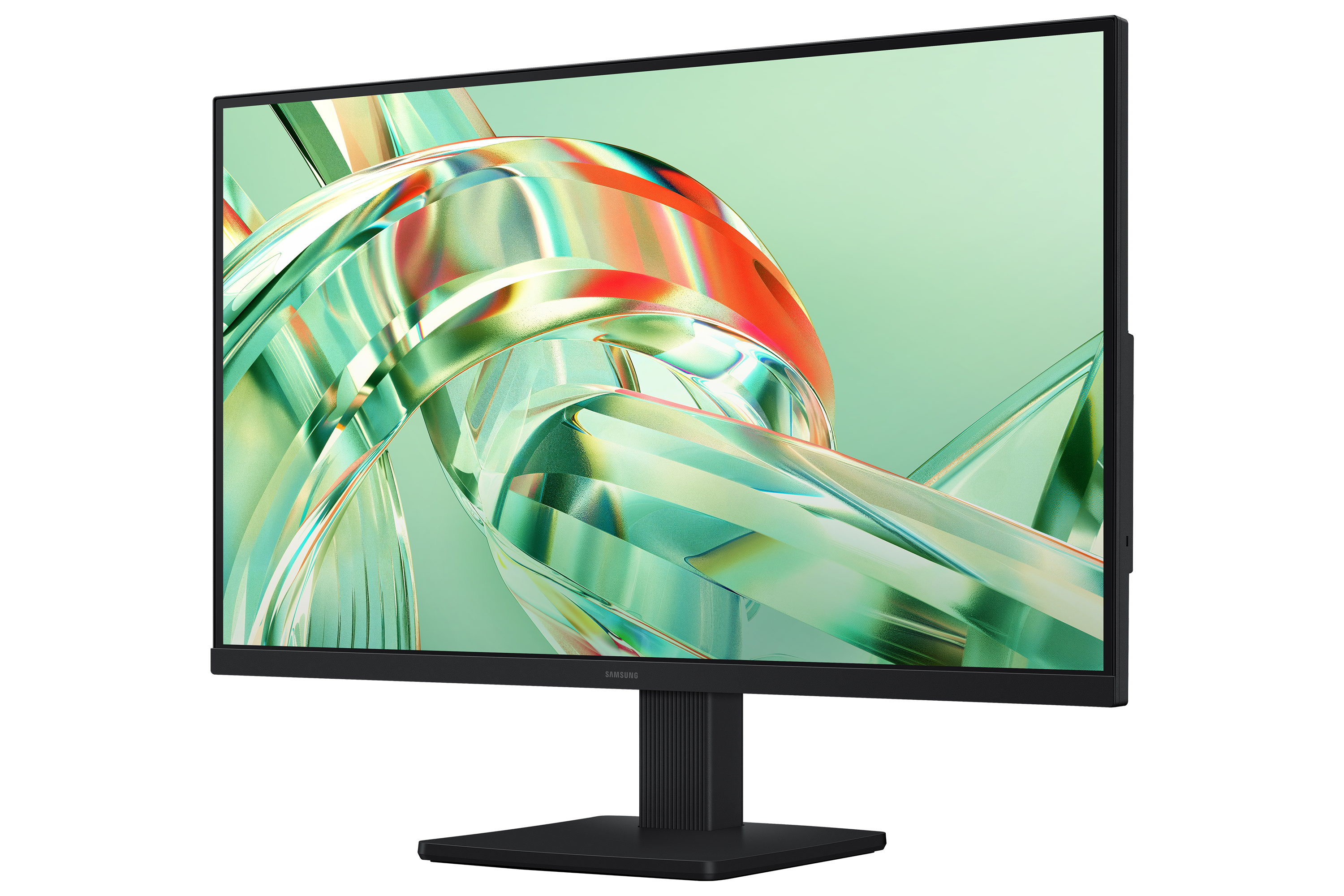 Un monitor Samsung negro sobre fondo blanco muestra una colorida ola abstracta.