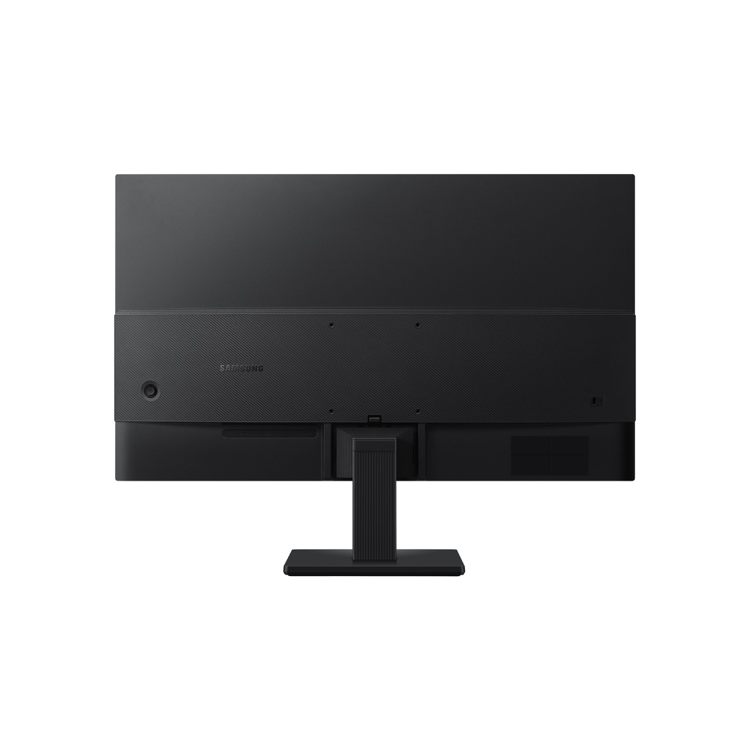 La parte trasera de un monitor Samsung negro con soporte sobre fondo blanco.