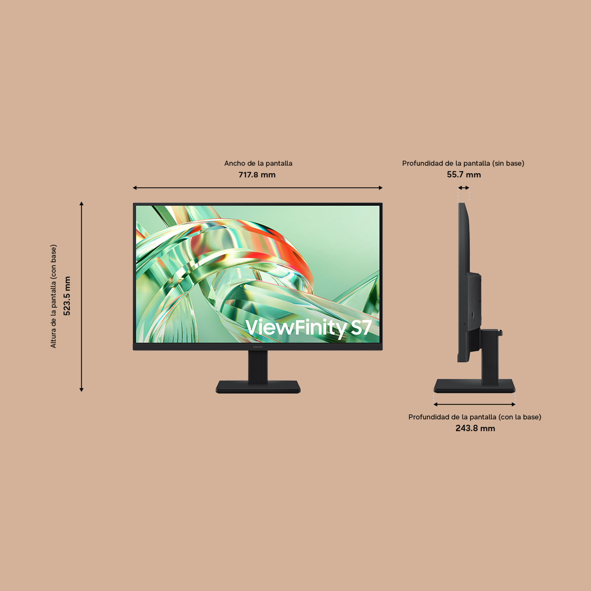 Diagrama técnico con vistas frontal y lateral del monitor Samsung ViewFinity S7 con medidas dimensionales.