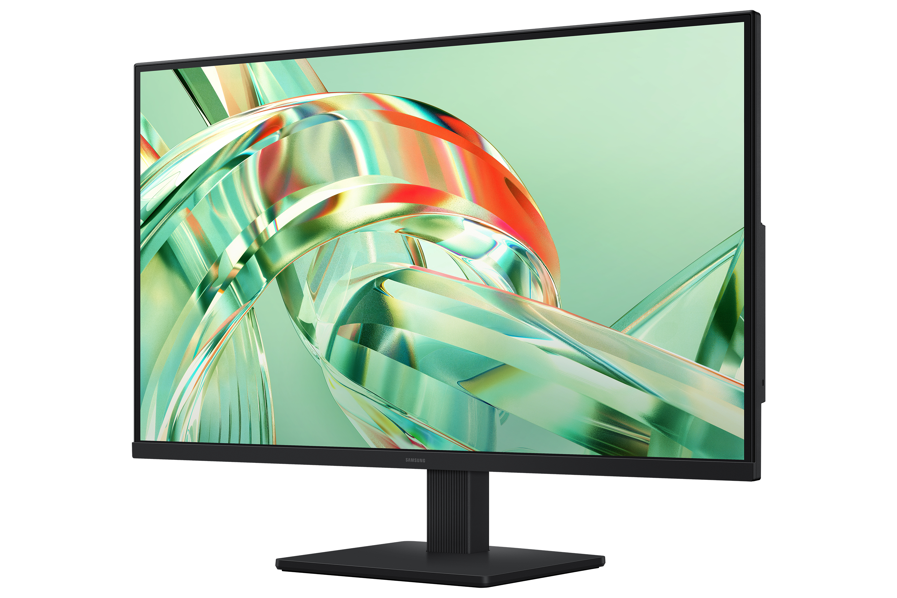 Monitor Samsung negro con soporte y gráficos abstractos verdes y rojos en pantalla.