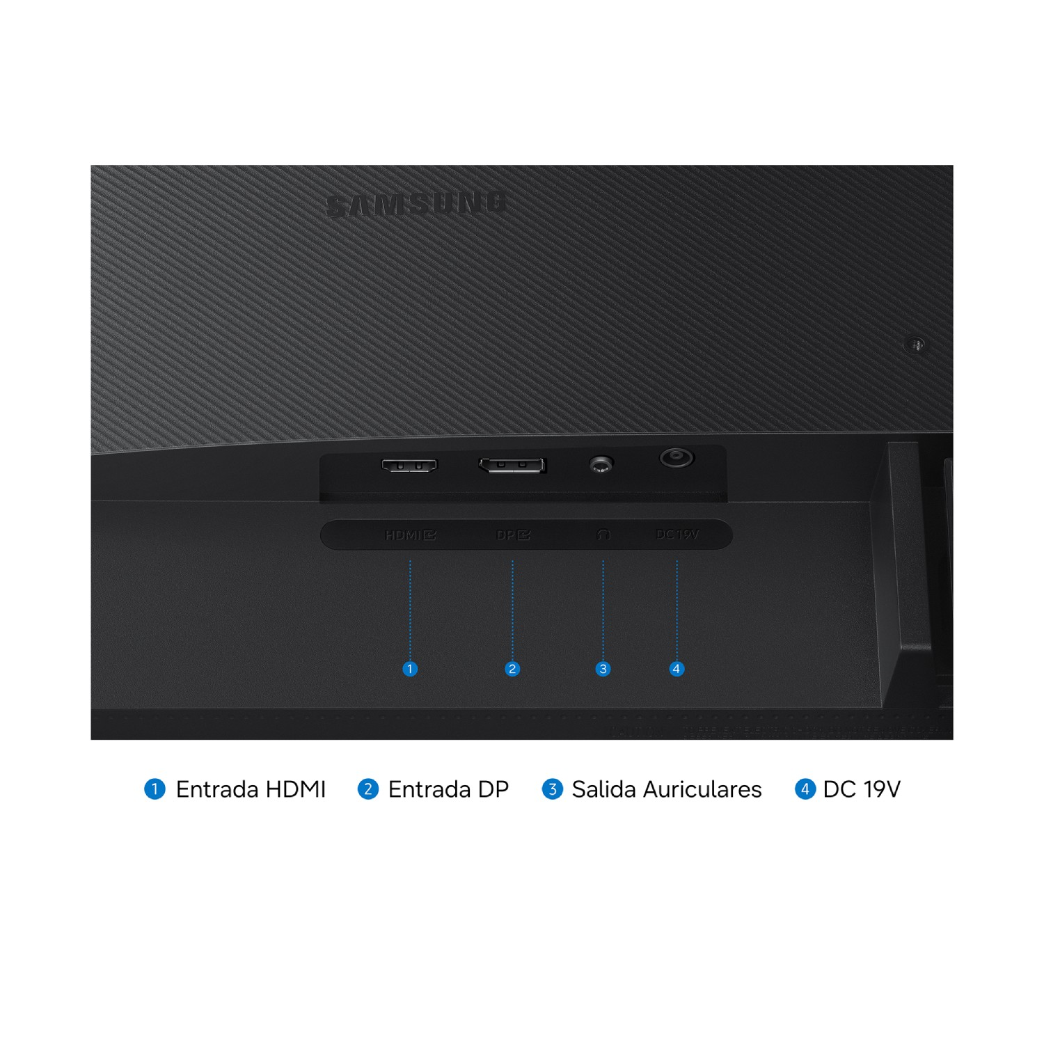 Panel trasero de un monitor Samsung que muestra puertos HDMI, DP, auriculares y DC 19V.