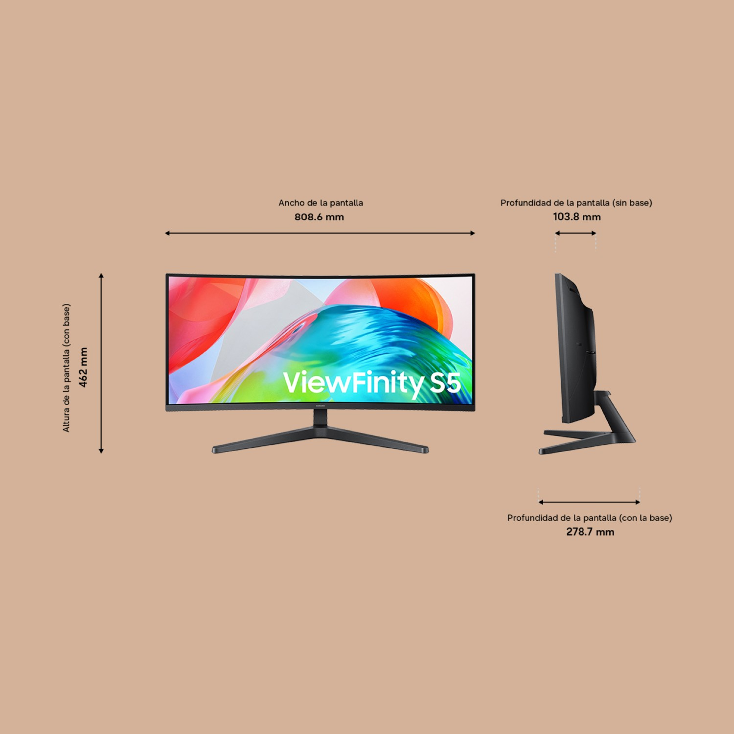 Diagrama que muestra las dimensiones de un monitor negro ViewFinity S5.