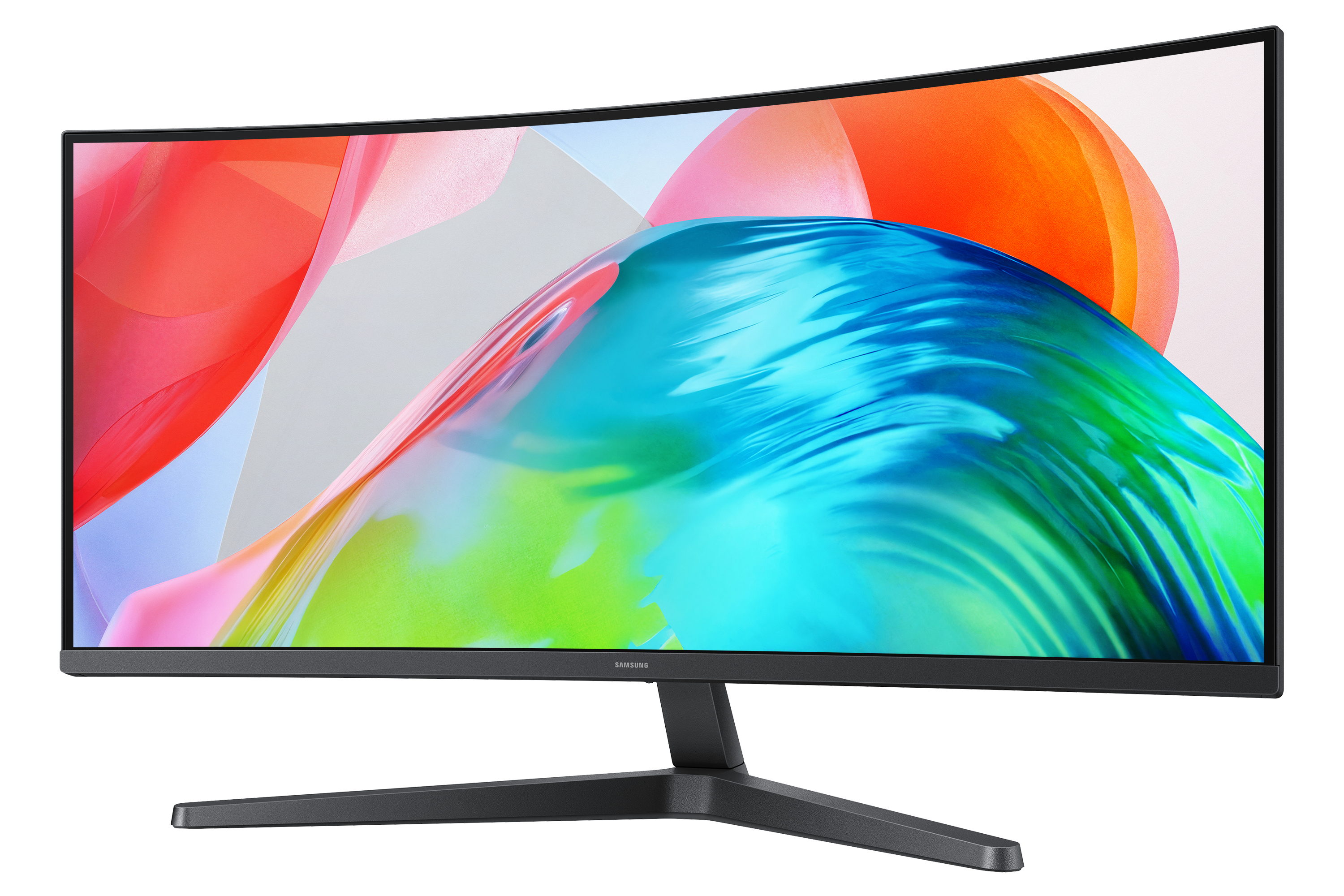 Un monitor curvo Samsung negro que muestra un fondo de onda abstracto y colorido sobre fondo blanco.