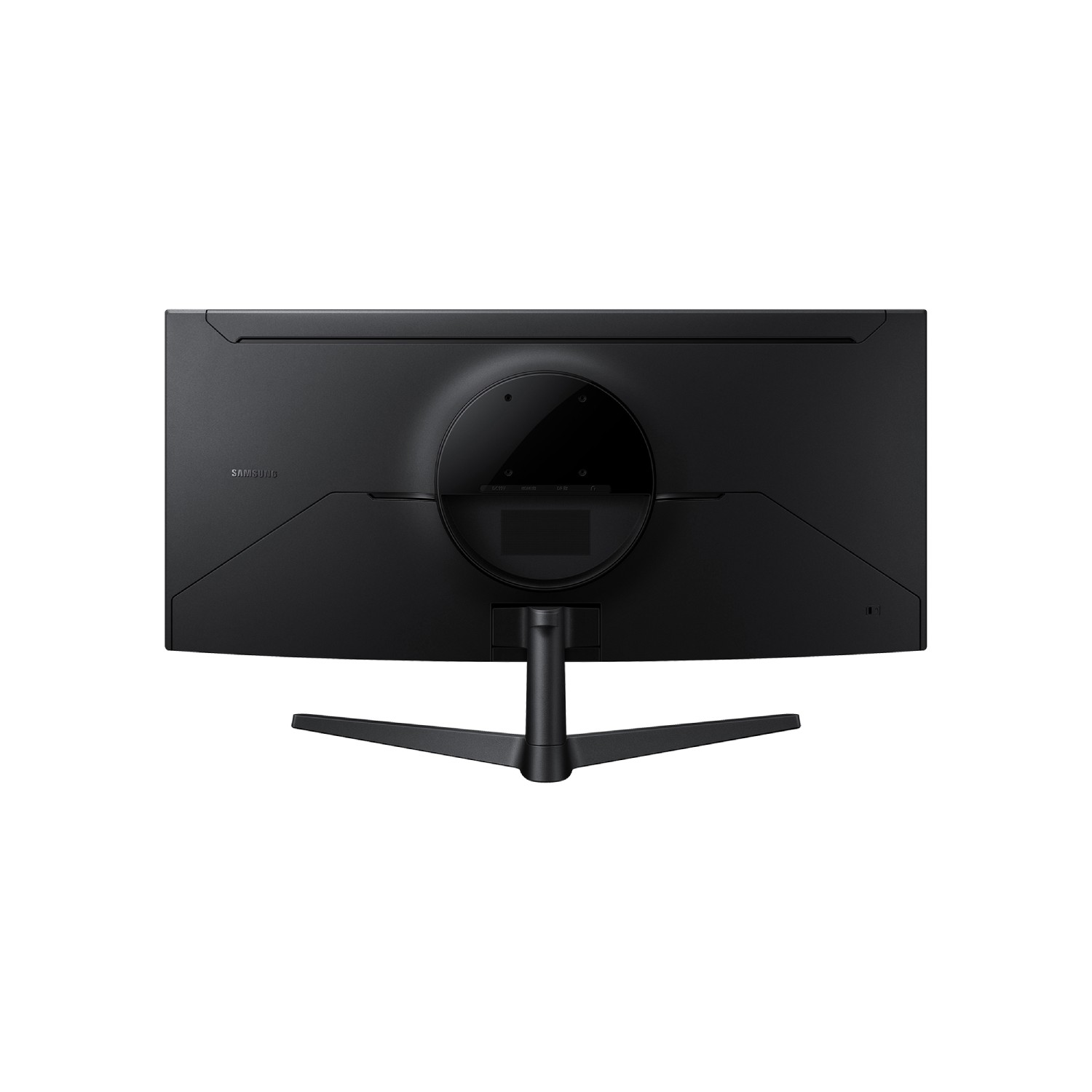 Parte trasera de un monitor Samsung negro con soporte sobre fondo blanco.