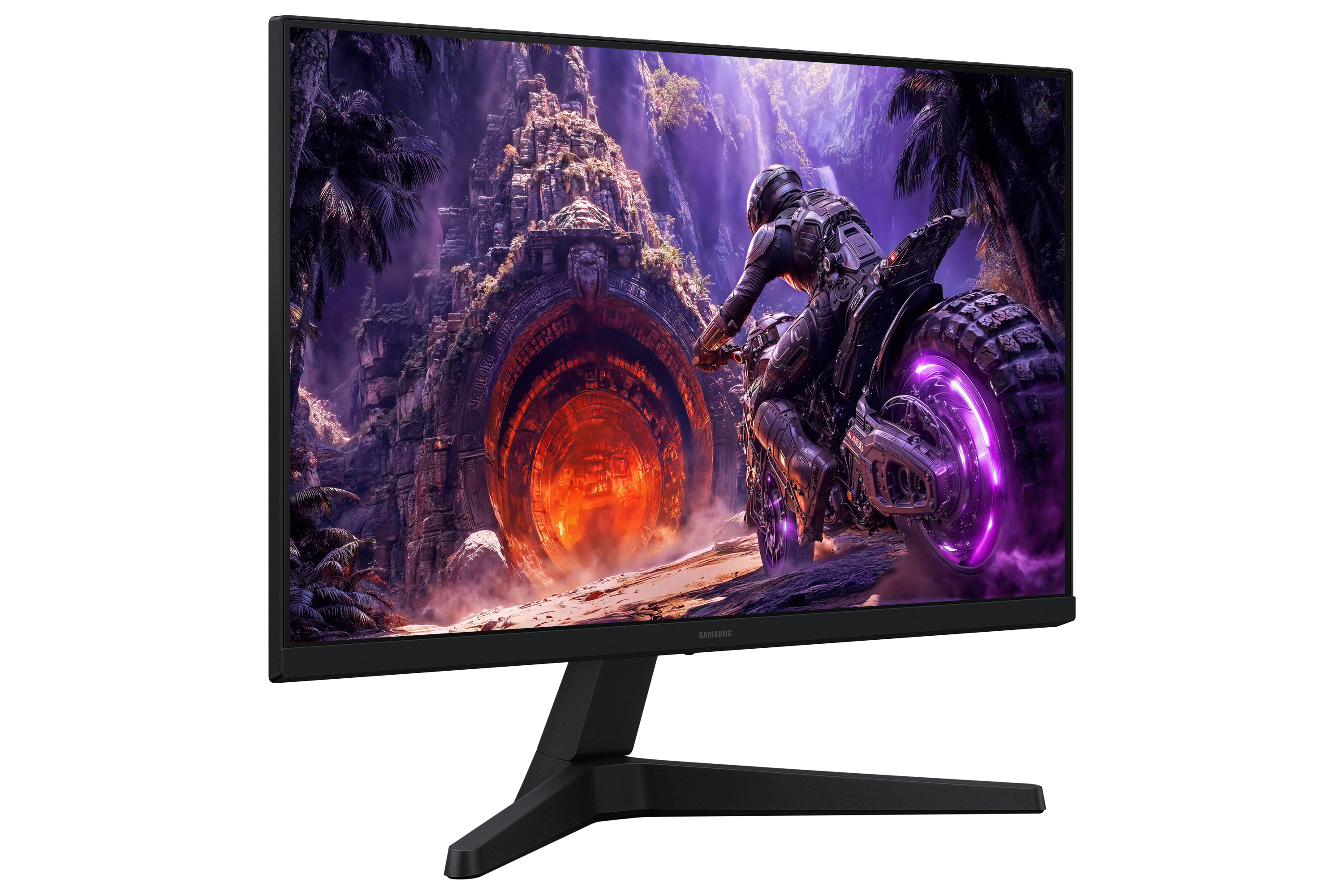 Un monitor Samsung negro muestra una colorida escena de fantasía con un motociclista ante un portal.