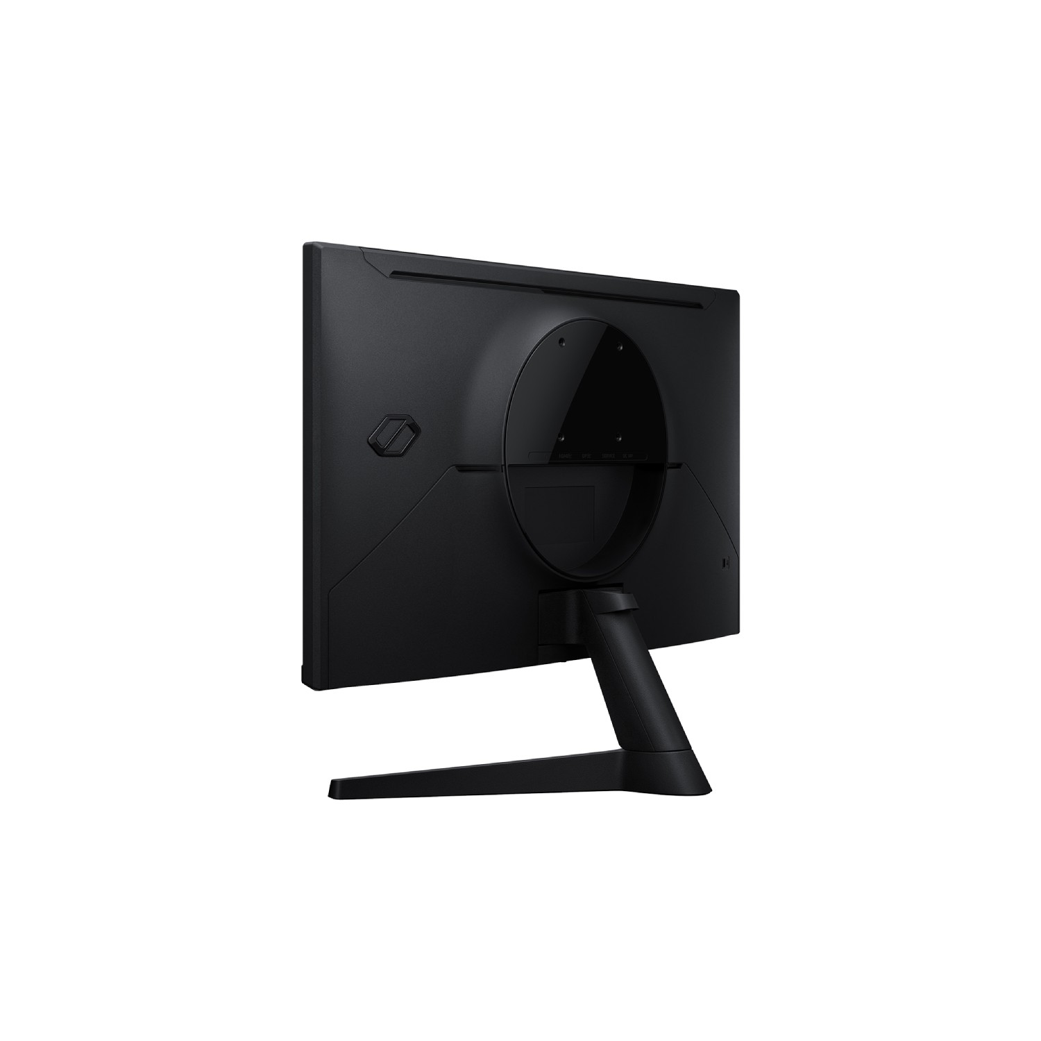 Parte trasera de un monitor negro con soporte redondo y base sobre fondo blanco.
