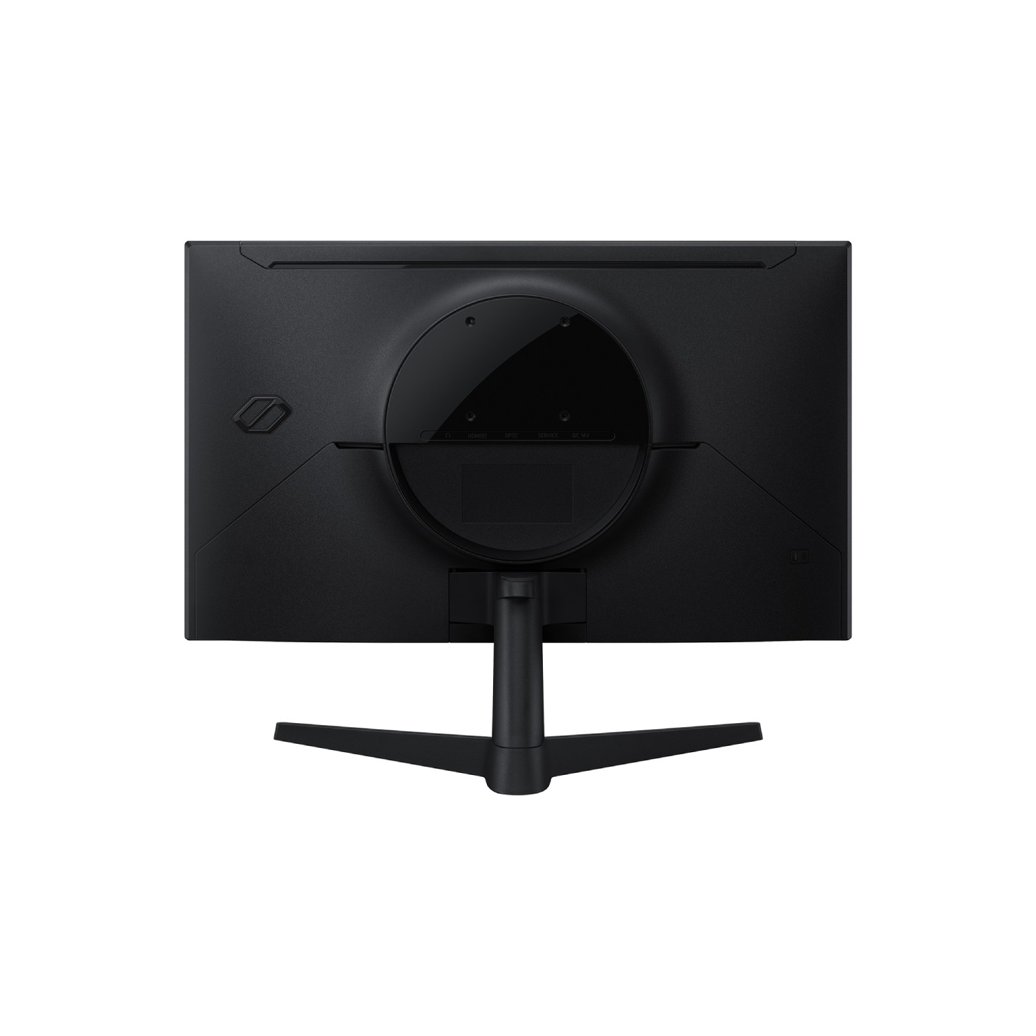 Vista trasera de un monitor negro con soporte redondo y base en Y sobre fondo blanco.