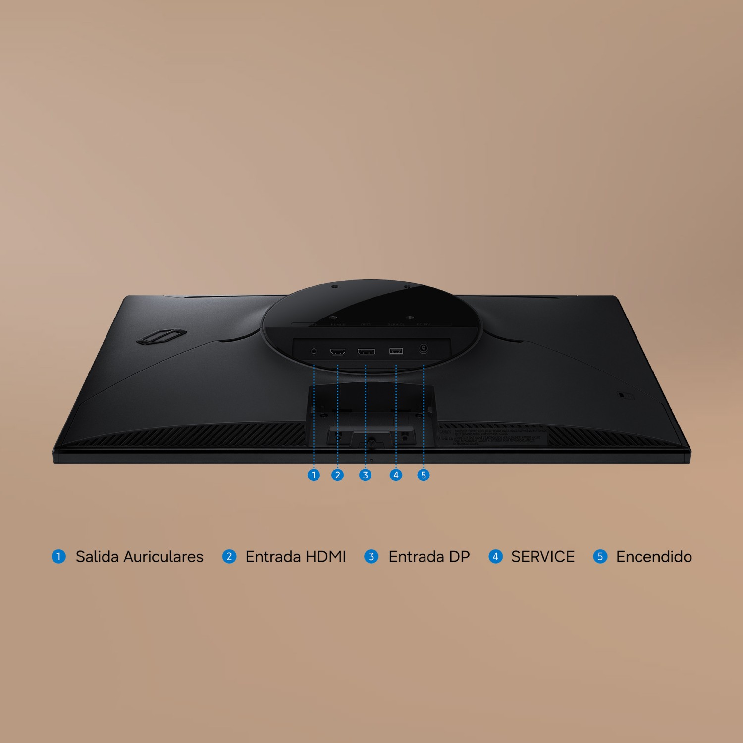 Parte trasera de un monitor negro con puertos etiquetados para auriculares, HDMI, DP, servicio y energía.