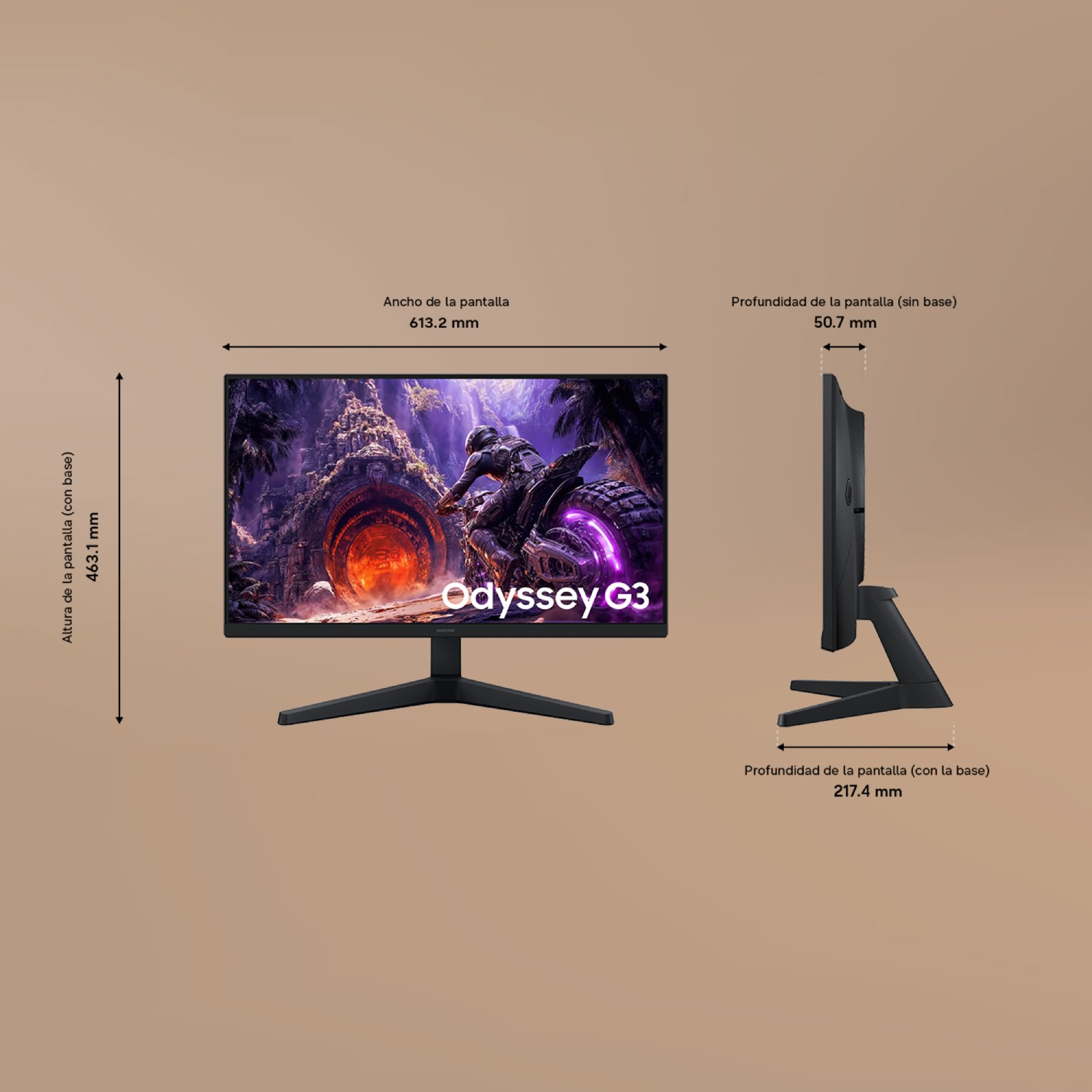 Vista frontal y lateral de un monitor Samsung Odyssey G3 con medidas de dimensiones sobre un fondo beige.
