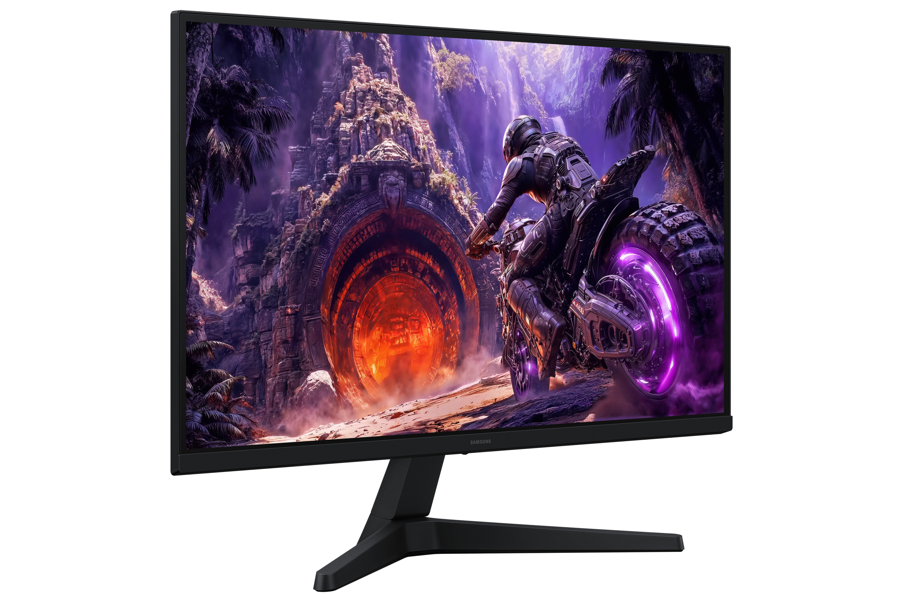 Un monitor Samsung negro muestra una escena futurista con una persona en moto frente a un portal circular brillante.