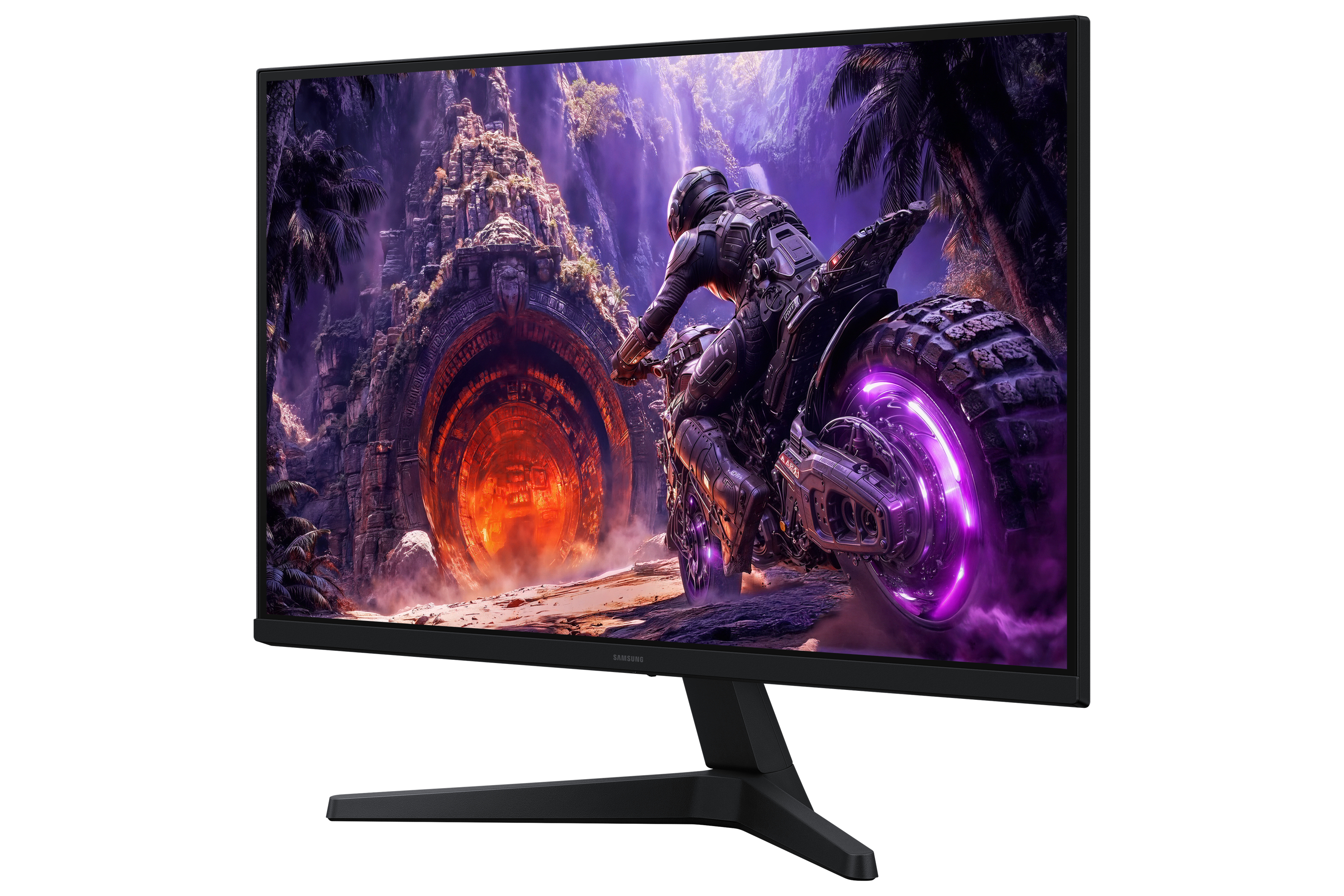 Un monitor Samsung negro muestra una escena de fantasía con un motociclista ante un portal brillante.