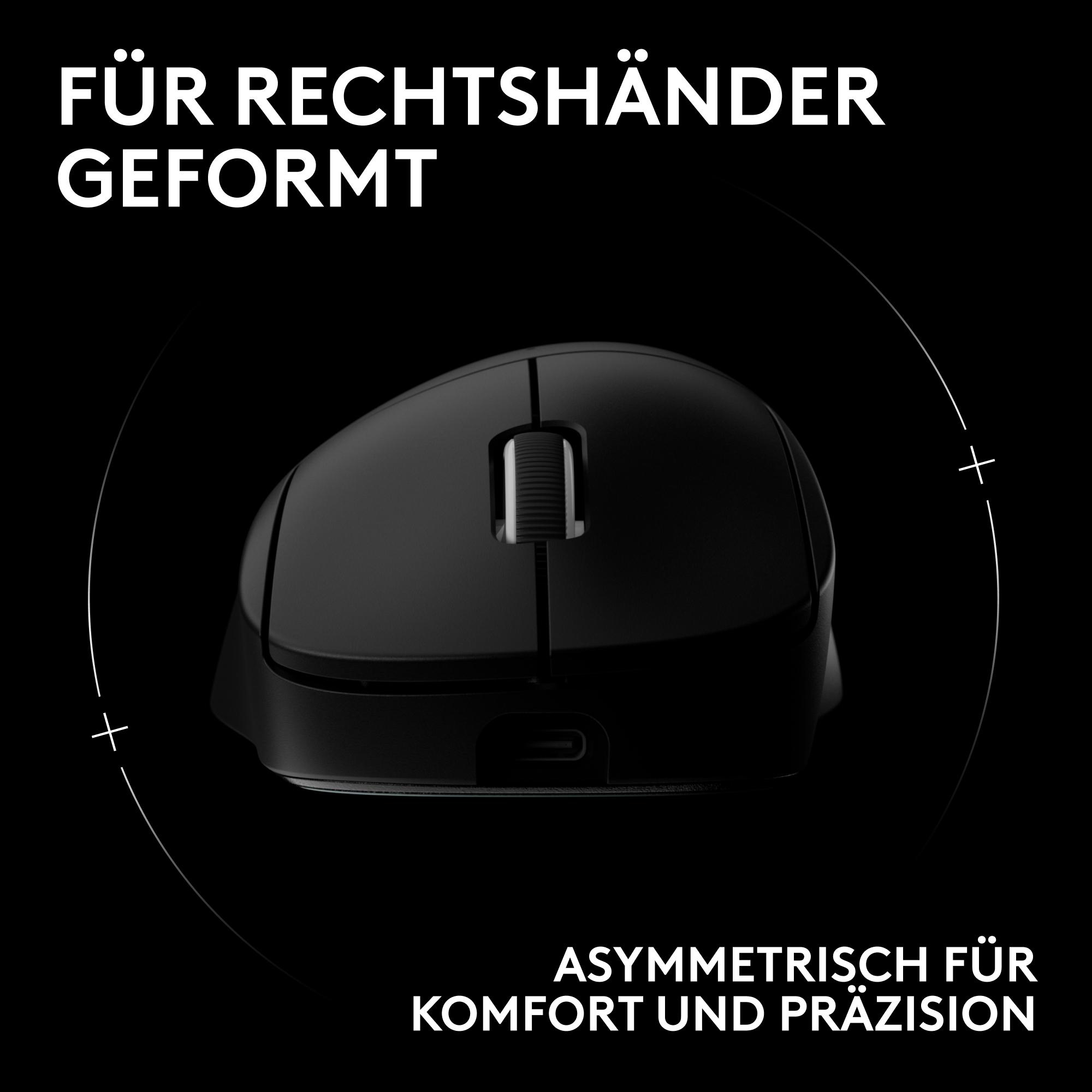 Schwarze, ergonomisch geformte Rechtshänder-Computermaus auf dunklem Hintergrund.
