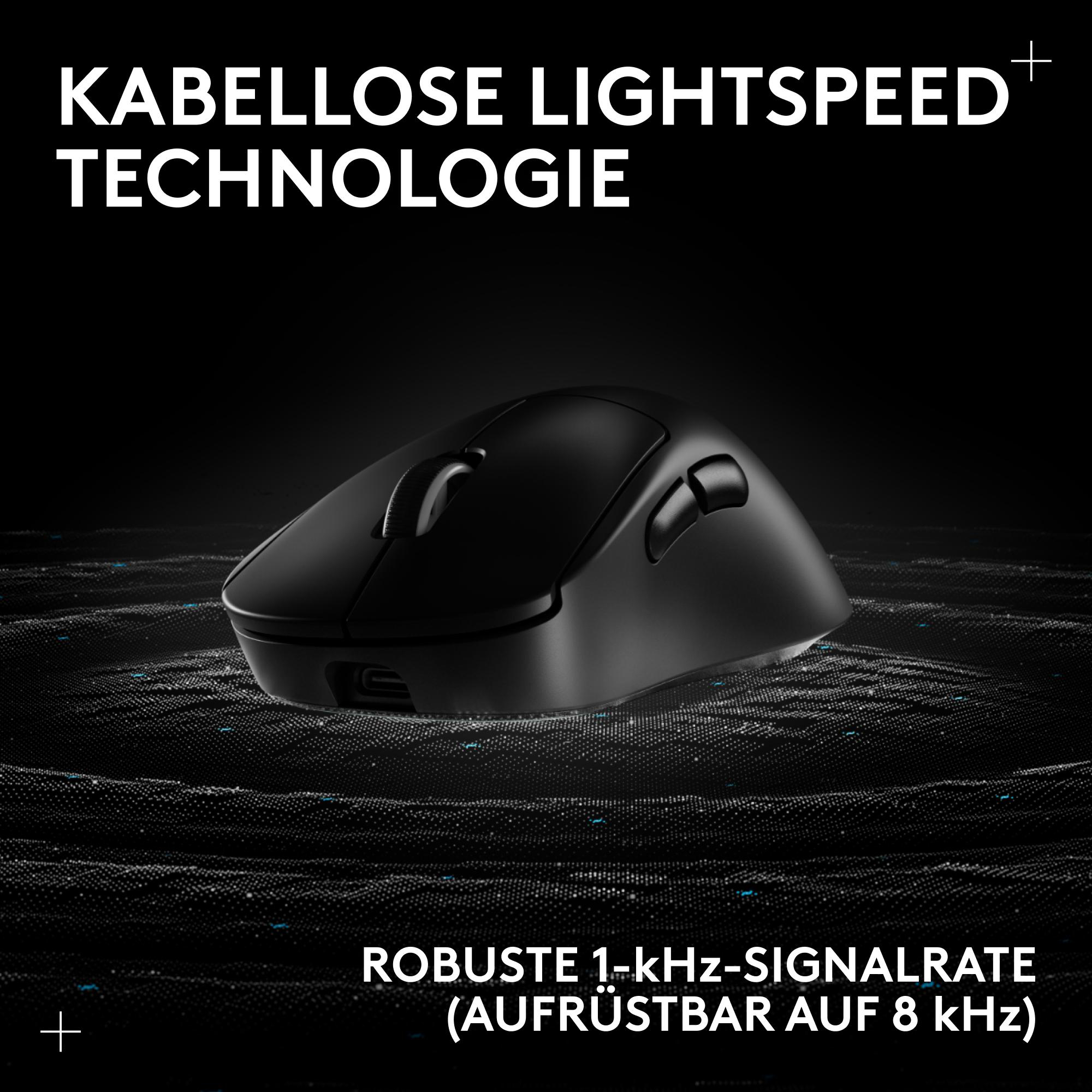 Eine schwarze kabellose Maus ruht auf einer dunklen Oberfläche mit leuchtenden digitalen Wellen.