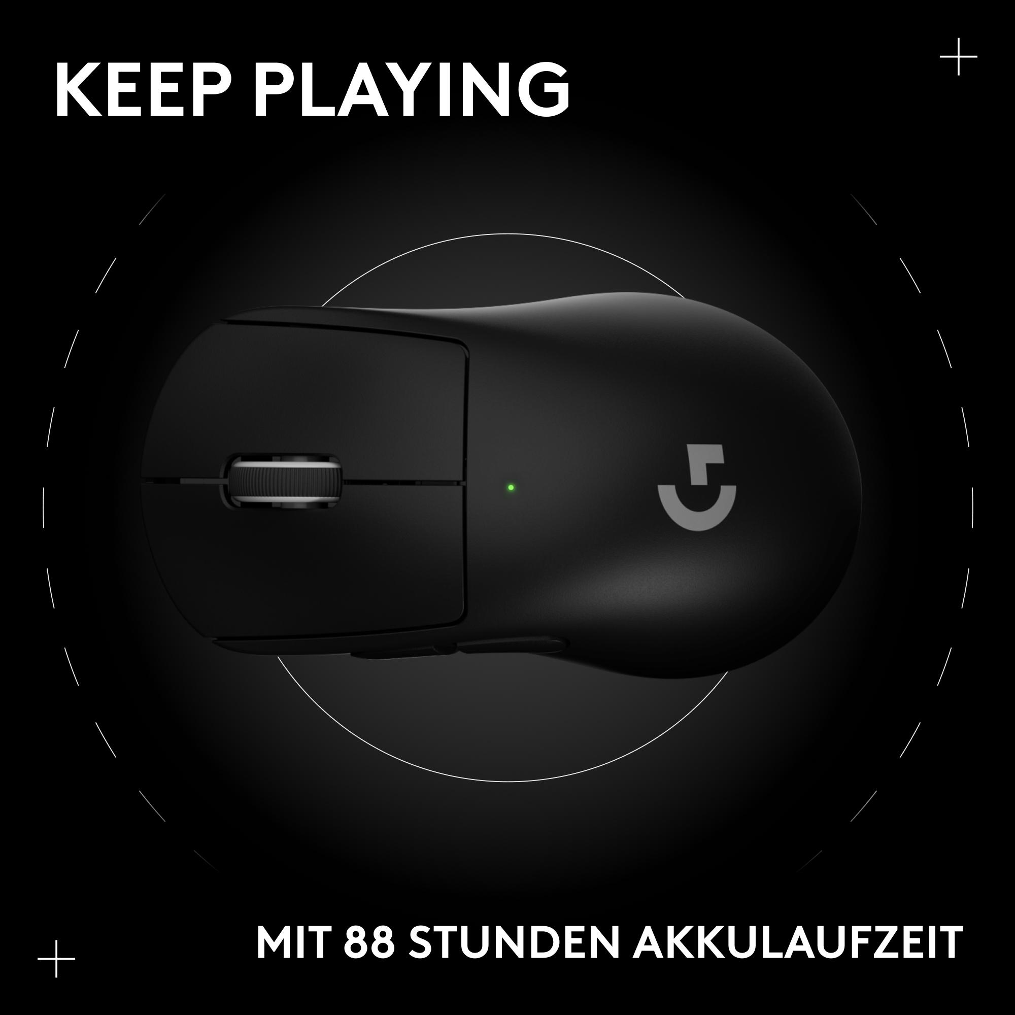 Schwarze Logitech G-Gaming-Maus auf dunklem Hintergrund mit Text 'Keep Playing' und 'Mit 88 Stunden Akkulaufzeit'.
