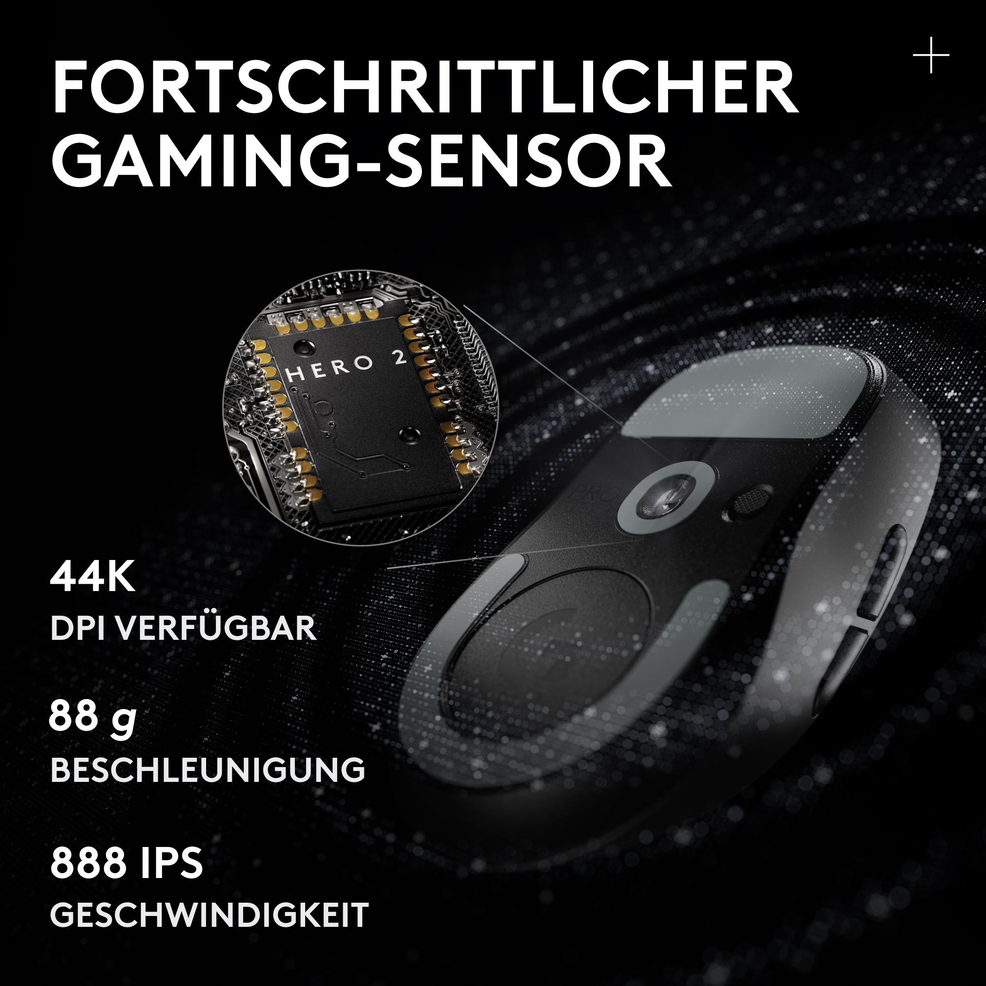 Gaming-Maus mit Hero 2 Sensor, 44K DPI, 88g Gewicht und 888 IPS Geschwindigkeit.