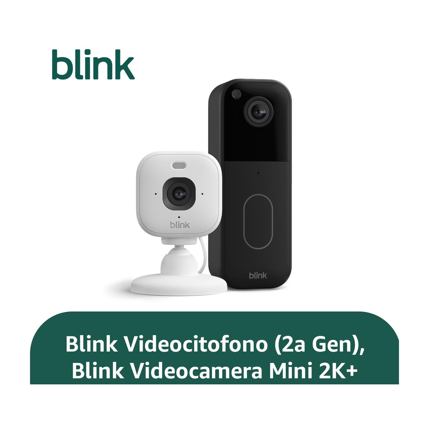 Videocitofono Blink e mini telecamera su sfondo bianco.