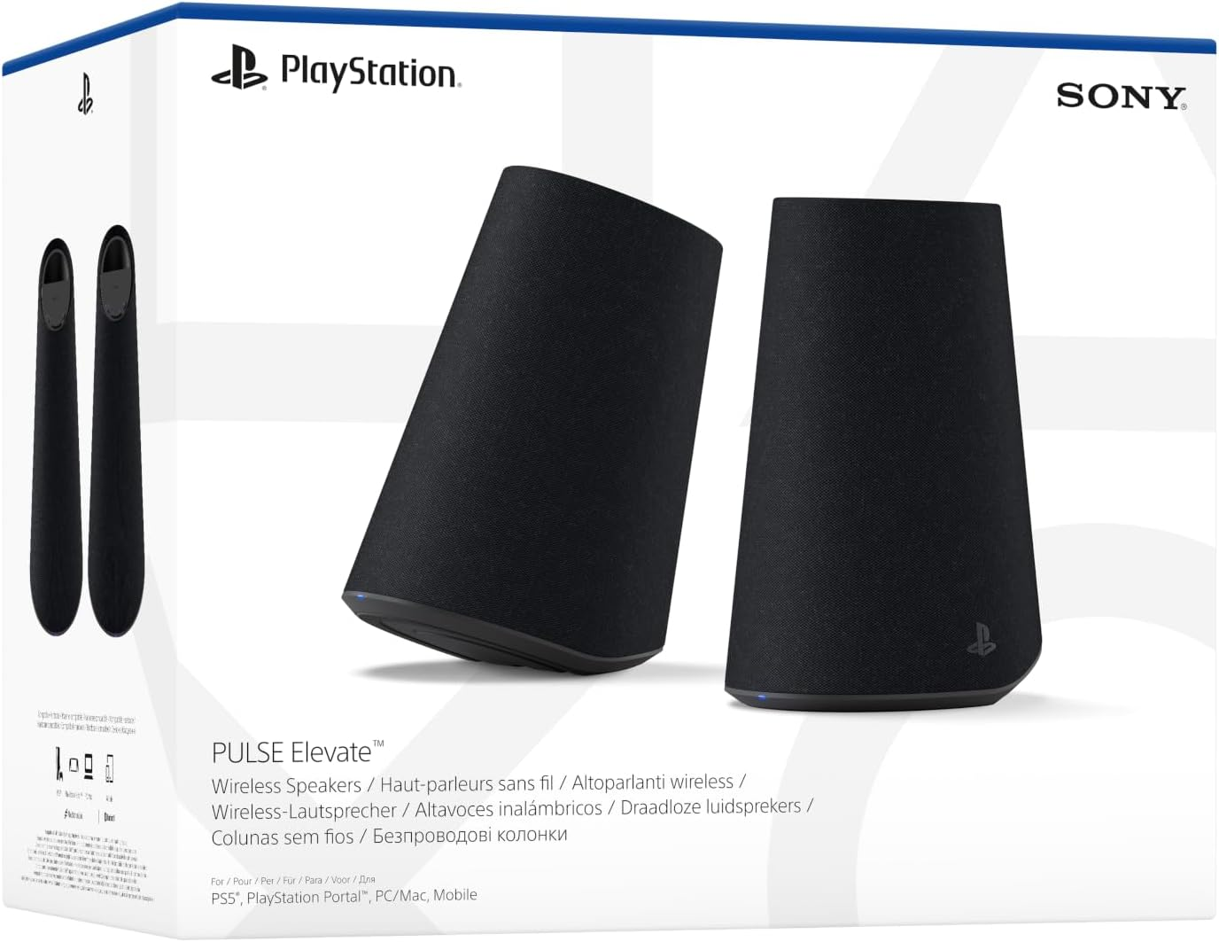 Confezione di altoparlanti wireless Sony PULSE Elevate per PlayStation, con due altoparlanti neri.