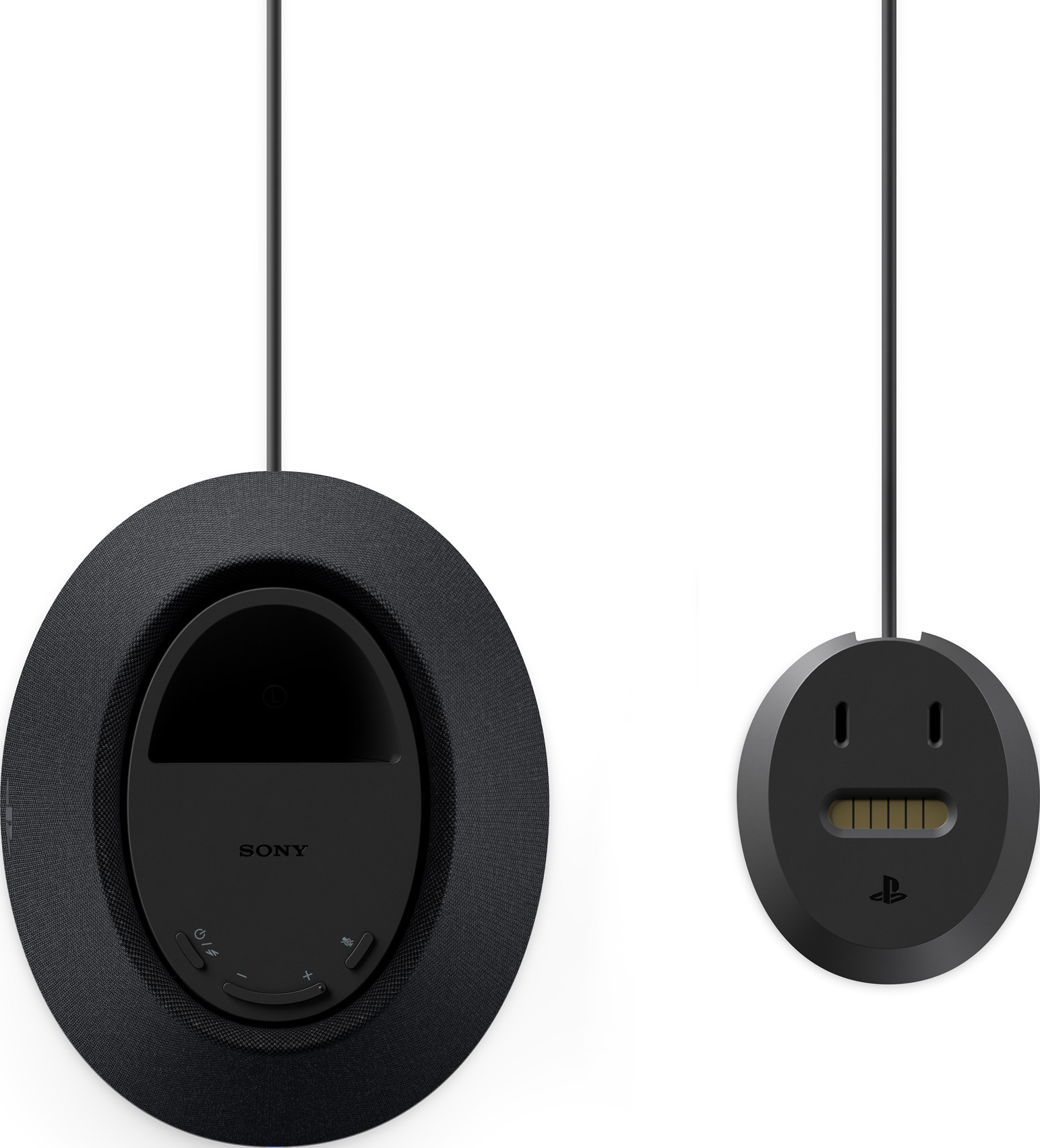 Due unità di ricarica per dispositivi Sony nere con cavi, una più grande e ovale, l'altra più piccola con contatti dorati.