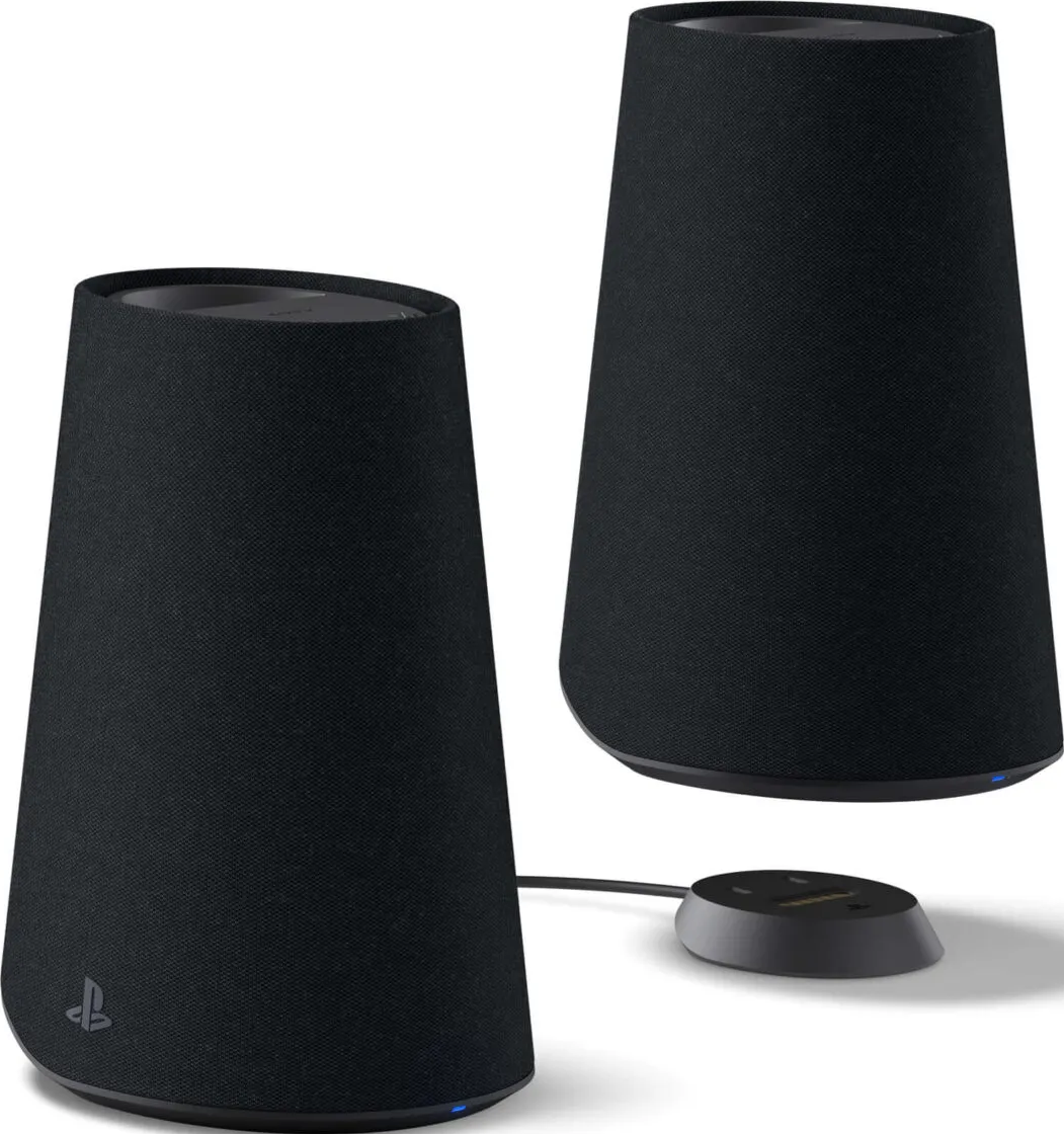 Due altoparlanti satellitari PlayStation neri a forma di cono su sfondo bianco.