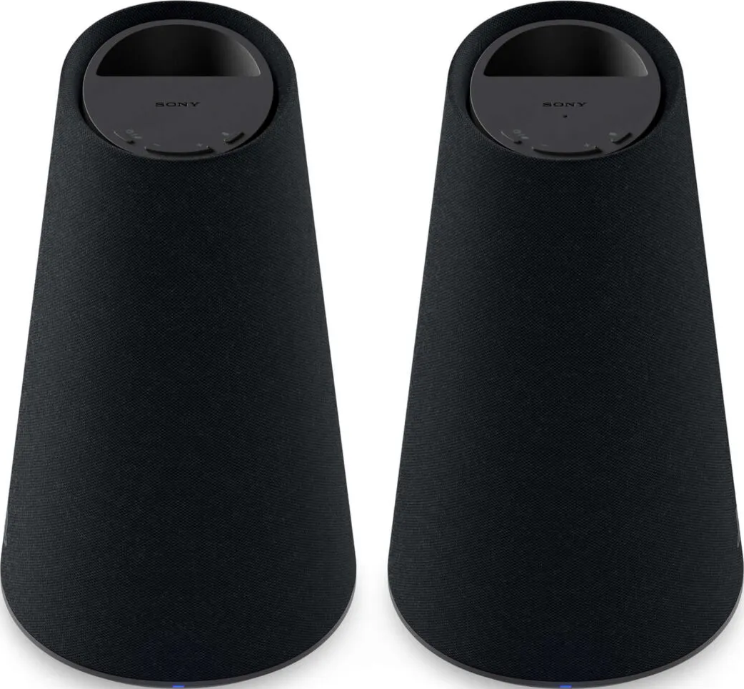 Due altoparlanti wireless Sony neri a forma di cono su una superficie bianca con sfondo chiaro.