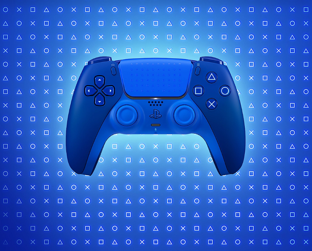 Une manette PlayStation bleue sur fond bleu avec des symboles PlayStation.