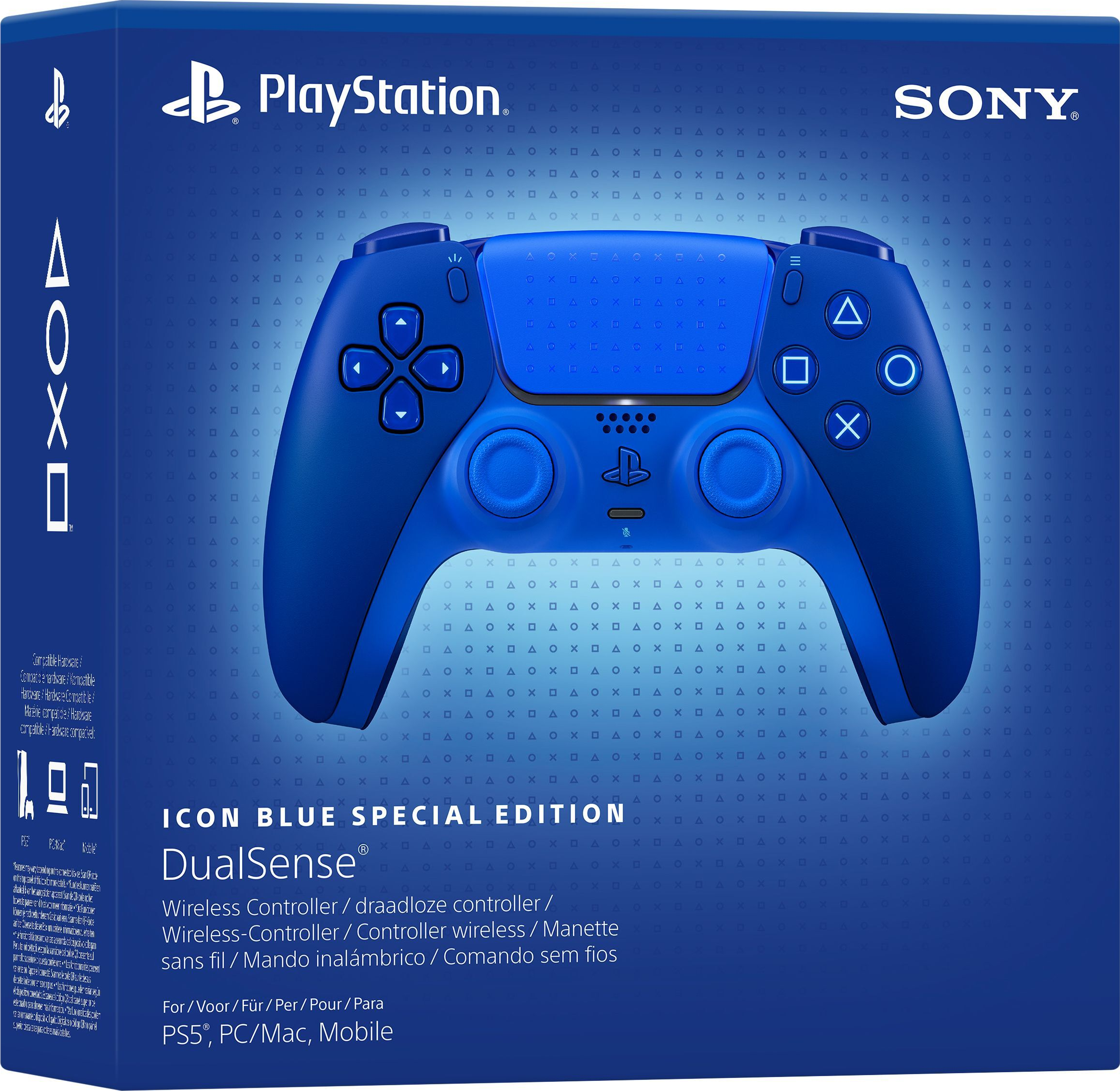 Manette sans fil PlayStation DualSense bleue sur fond d'emballage bleu Icon Blue Special Edition.