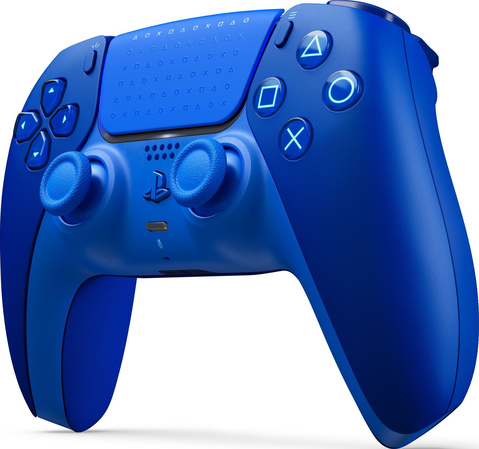 Une manette PlayStation 5 bleue avec des symboles sur le pavé tactile.