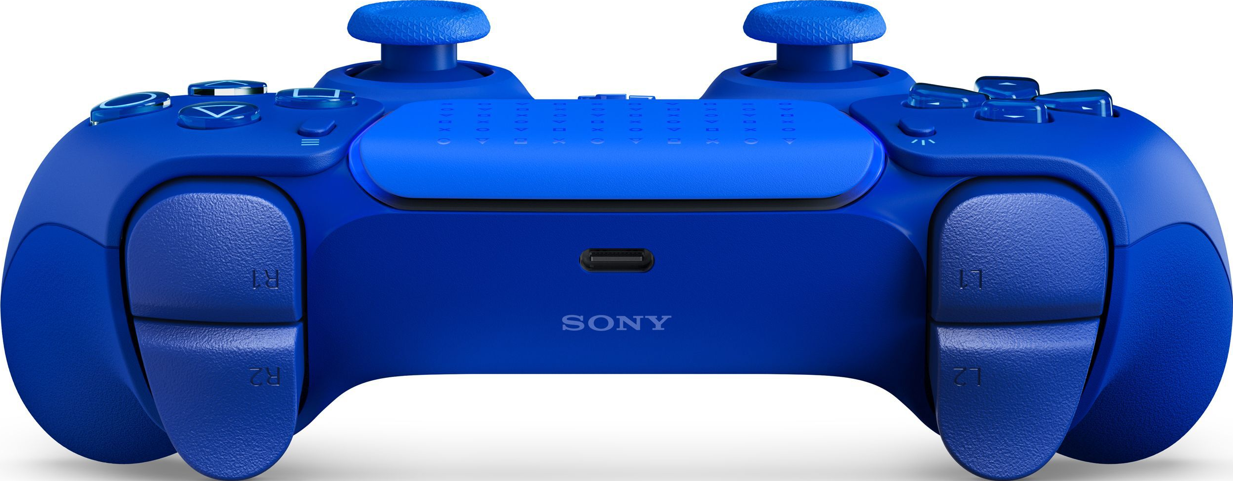 Une manette bleue Sony PlayStation DualSense de face, avec sticks analogiques, pavé tactile et logo Sony.