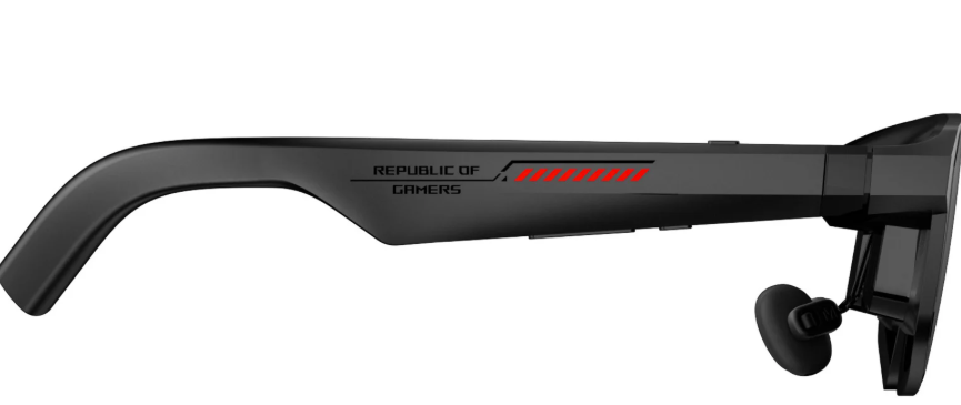 Seitenansicht einer schwarzen Brille mit rotem Designelement und Republic of Gamers Schriftzug.