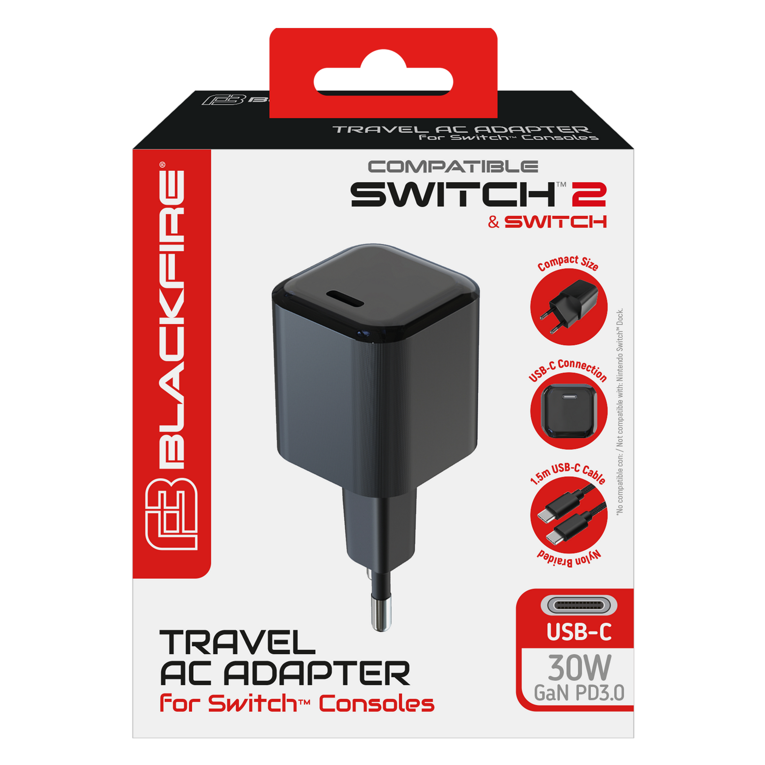 Embalaje de un adaptador de CA de viaje Blackfire negro para consolas Switch con puerto USB-C.