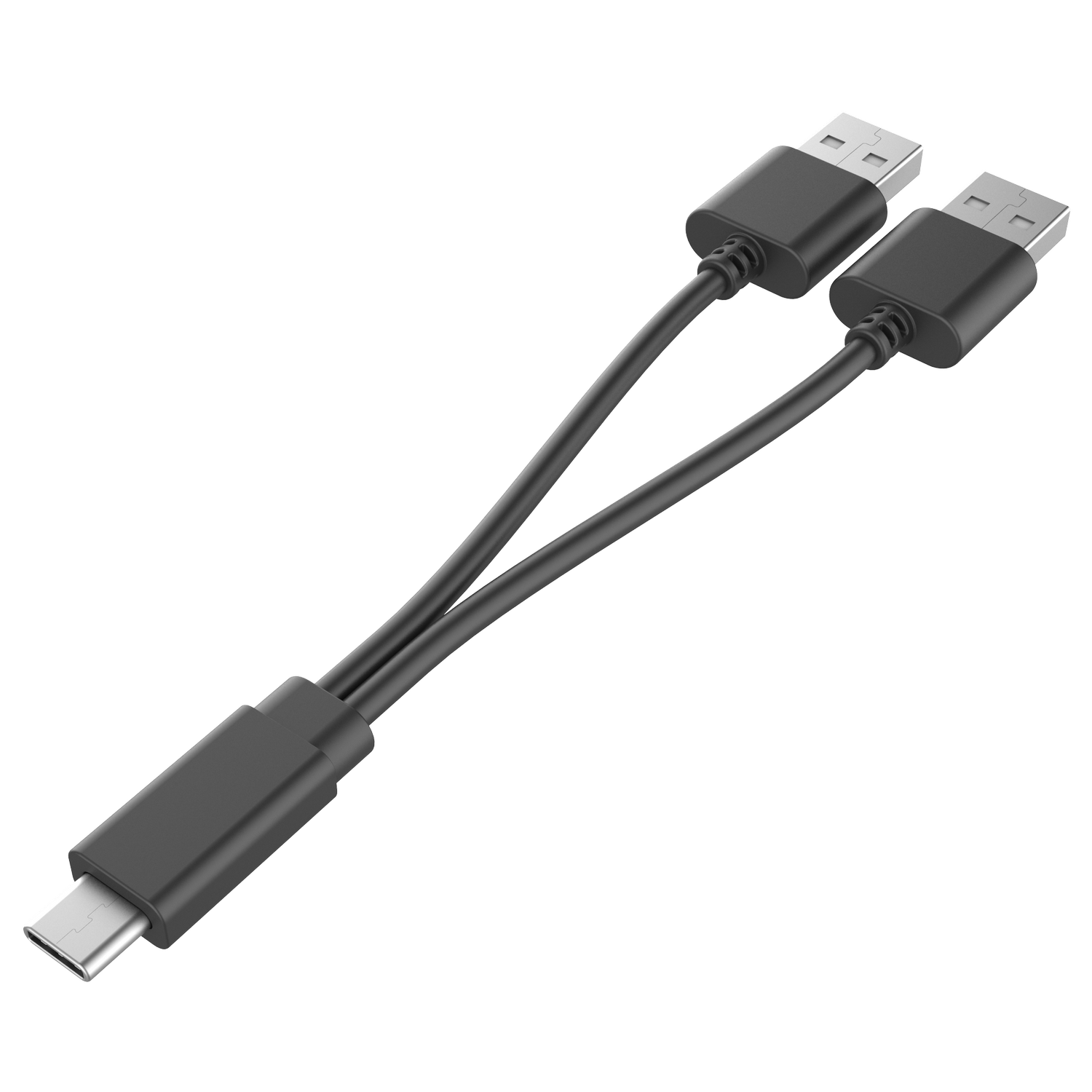 Un cable USB negro con un conector USB-C en un extremo y dos conectores USB-A en el otro.