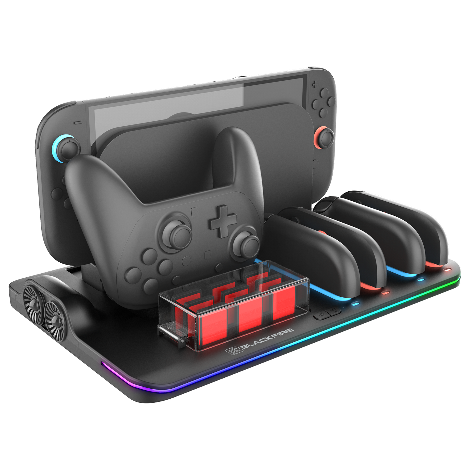 Una base de carga negra sostiene una consola, un mando, cuatro Joy-Cons y cartuchos rojos sobre fondo negro.