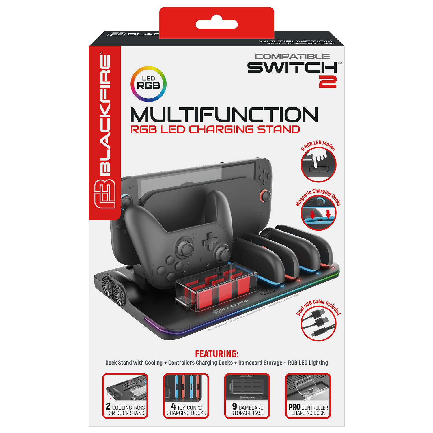 Empaque de la base de carga LED RGB multifunción Blackfire para Nintendo Switch con accesorios.