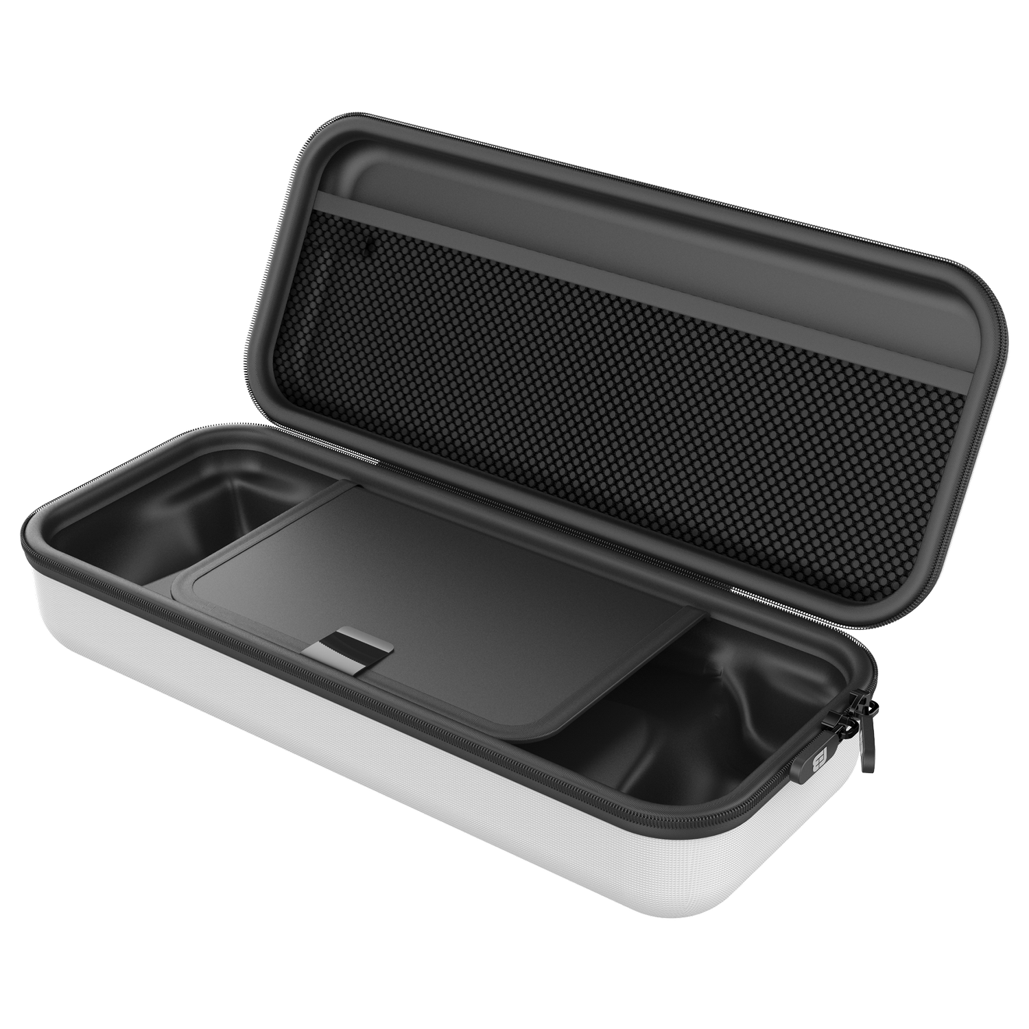 Una caja de almacenamiento rígida blanca abierta con interior negro, bolsillo de red y divisor sobre fondo negro.