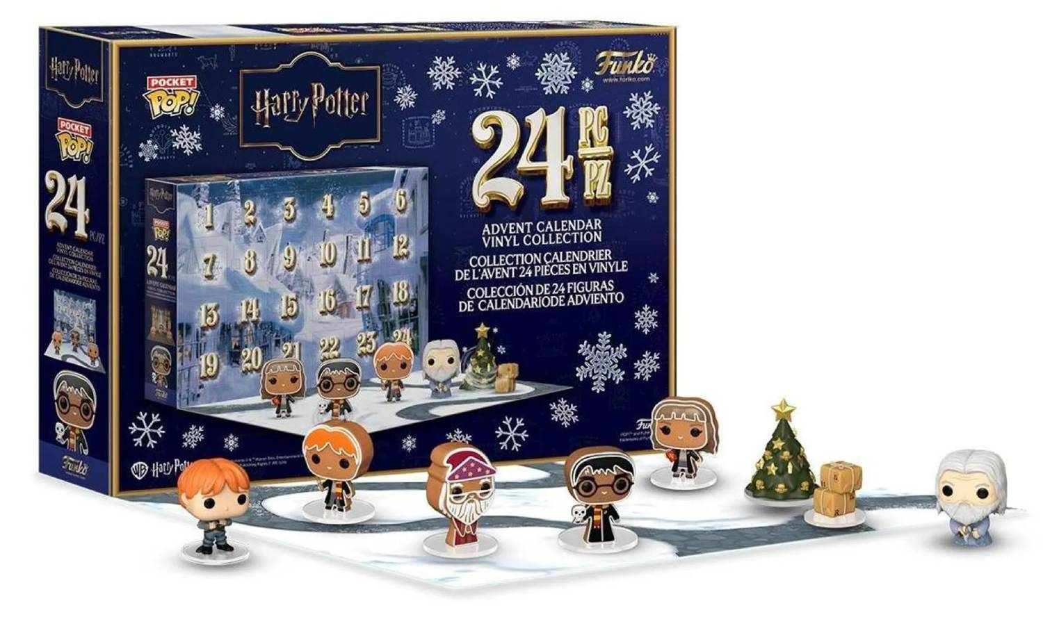 Calendario de adviento de Harry Potter con 24 figuras de vinilo y diseño nevado.