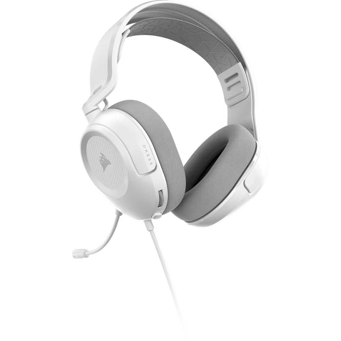 Auriculares blancos con cable y micrófono sobre un fondo negro.