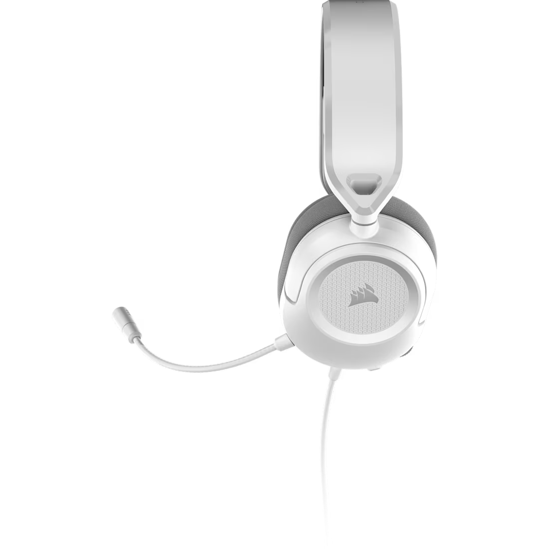 Auriculares de juego blancos con micrófono y cable sobre fondo negro.