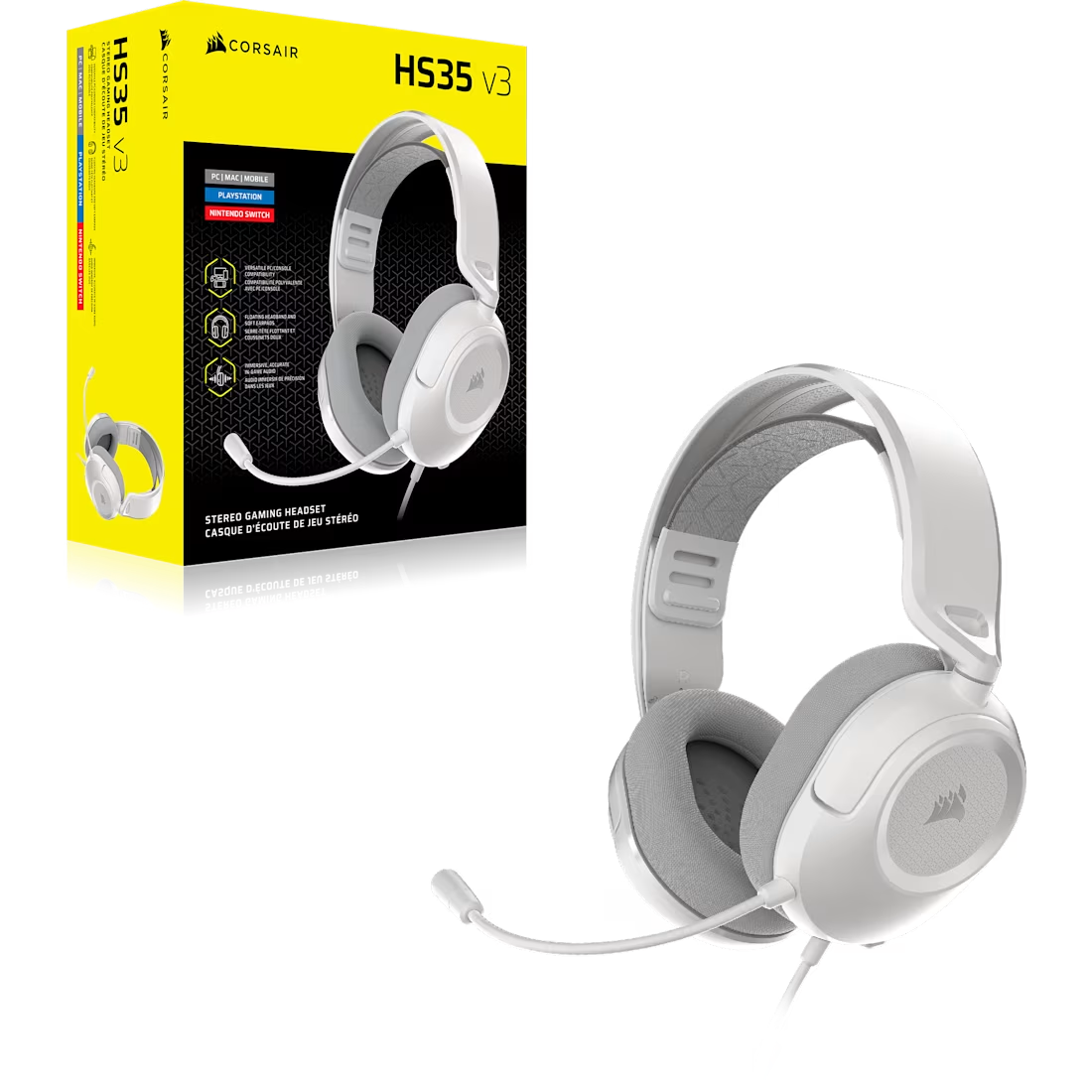 Auriculares para juegos Corsair HS35 V3 blancos con micrófono, junto a su caja amarilla sobre fondo negro.
