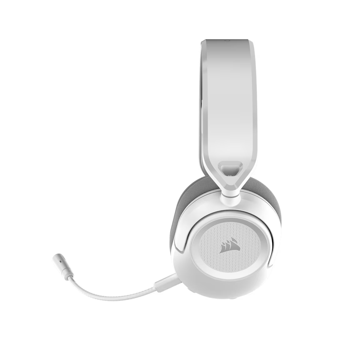 Auriculares de juego blancos con micrófono adjunto sobre fondo negro.