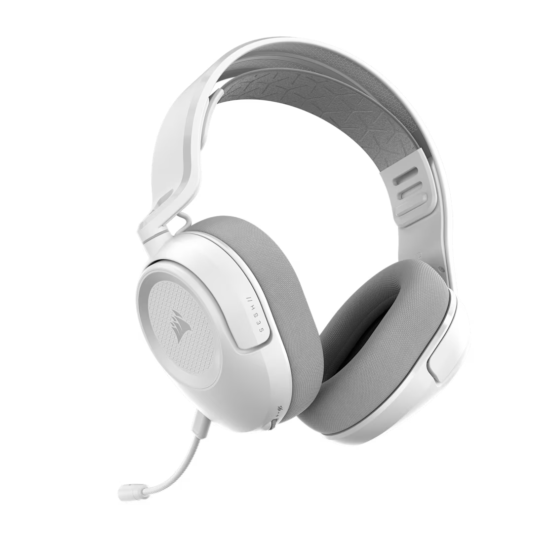 Auriculares inalámbricos blancos para juegos con micrófono desmontable, orejeras acolchadas y diadema sobre fondo negro.