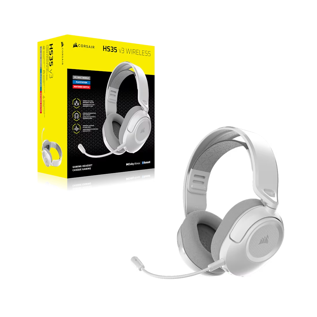 Auriculares inalámbricos blancos Corsair HS35 V3 para juegos con micrófono y caja a juego sobre fondo negro.