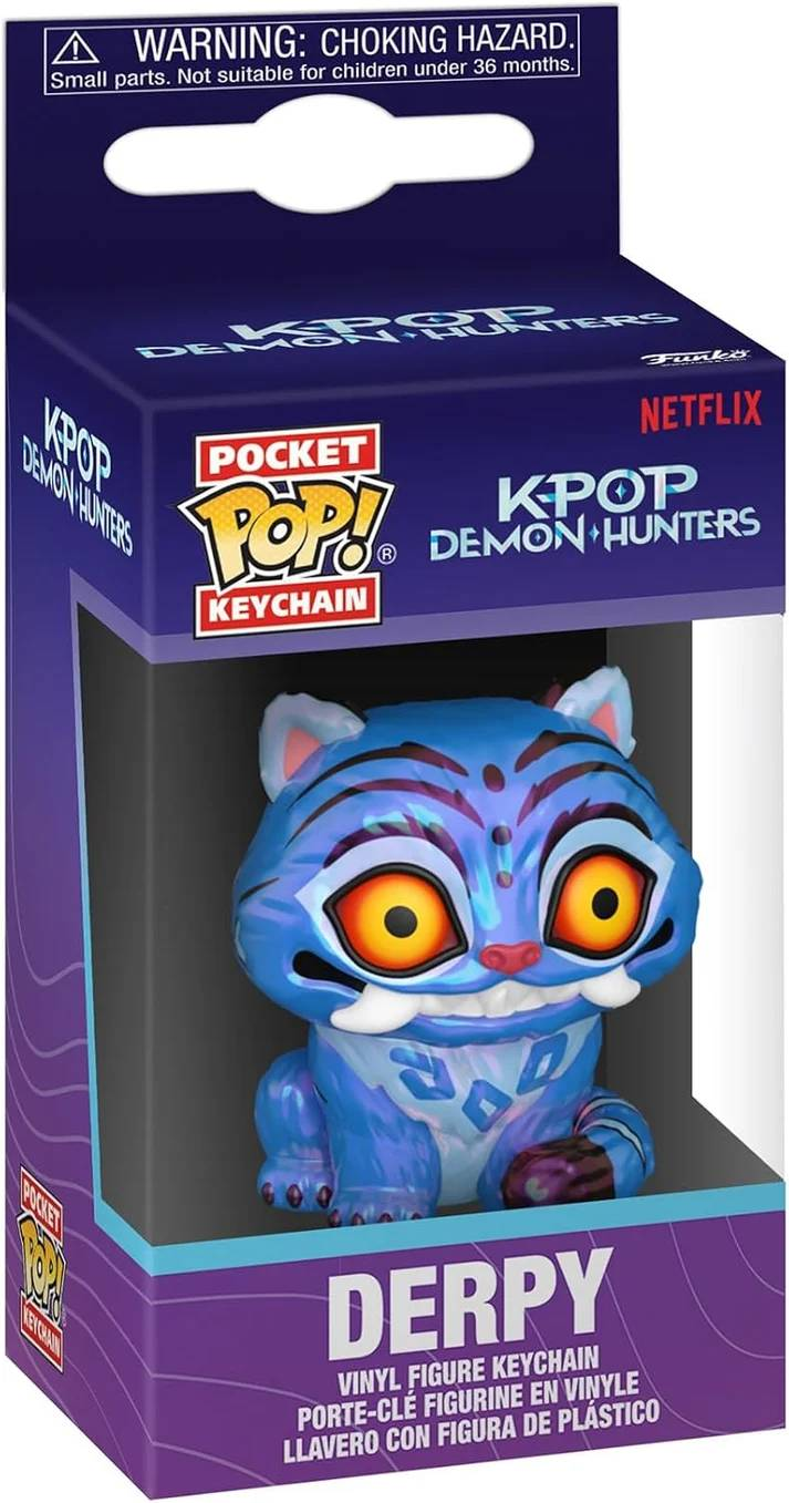 Llavero Funko Pocket Pop! de Derpy de KPOP Demon Hunters dentro de una caja de coleccionista morada.