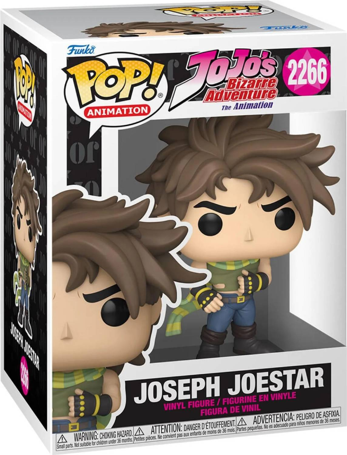 Una figura de vinilo Funko Pop de Joseph Joestar de JoJo's Bizarre Adventure en su caja.