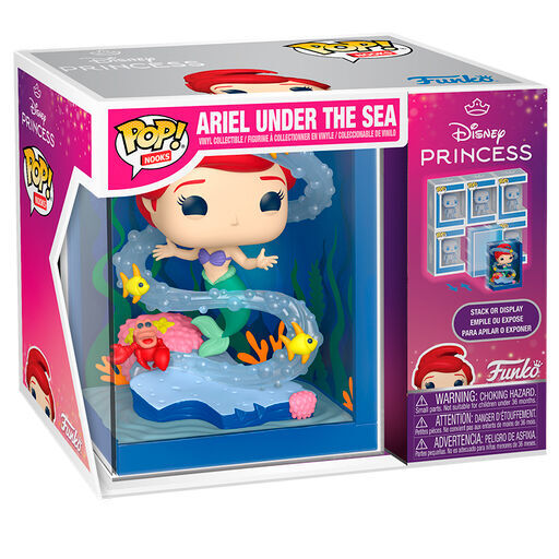 Figura de vinilo Funko Pop de Ariel Princesa Disney en escena submarina con peces y un cangrejo en caja.
