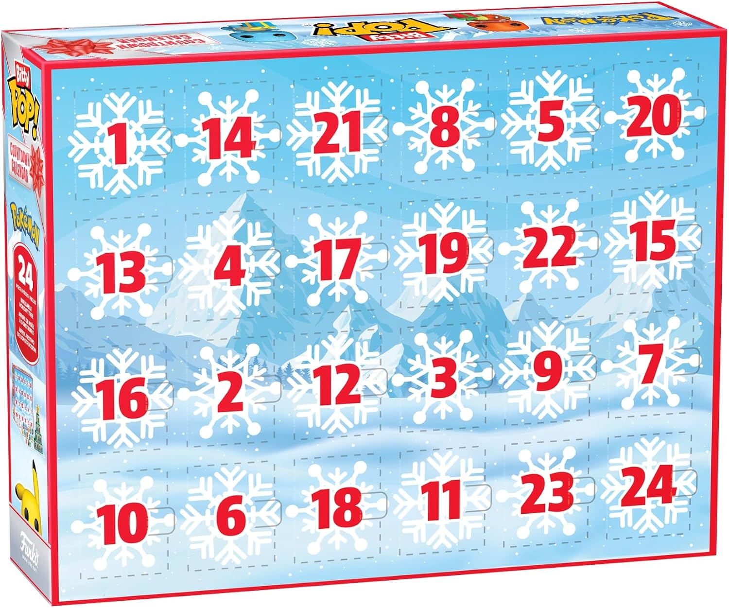 Una caja de calendario de adviento Pokémon azul claro con números rojos sobre copos de nieve blancos.