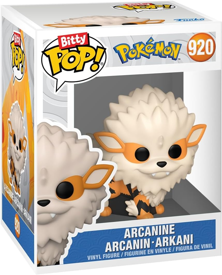 Una figura de vinilo Bitty Pop! Pokémon Arcanine en su caja, mostrando el diseño blanco y naranja.