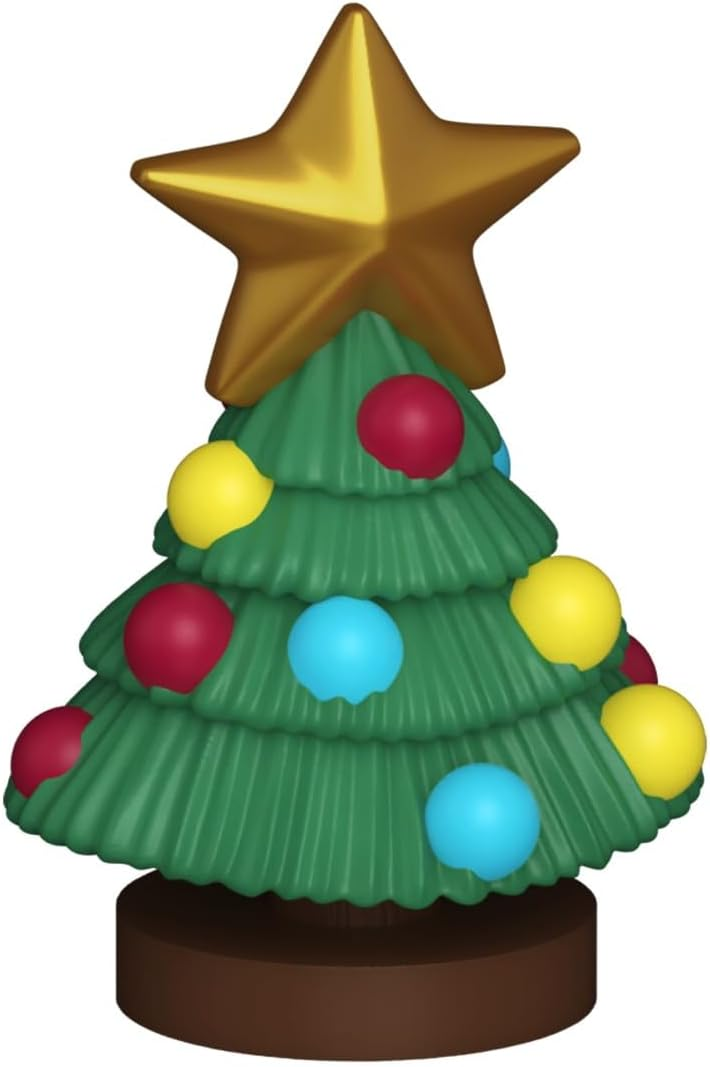 Pequeño árbol de Navidad verde con bolas de colores y una gran estrella dorada encima, sobre una base marrón.