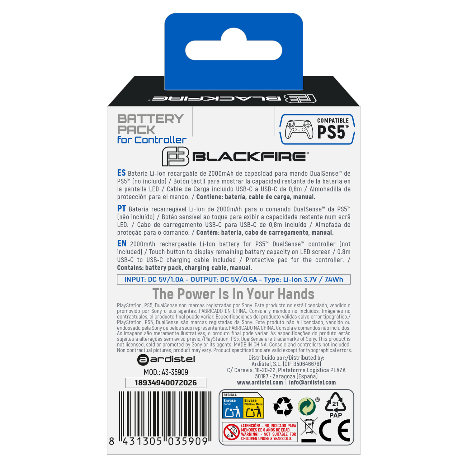 Parte posterior del embalaje de la batería Blackfire para mandos de PS5, con texto y código de barras.