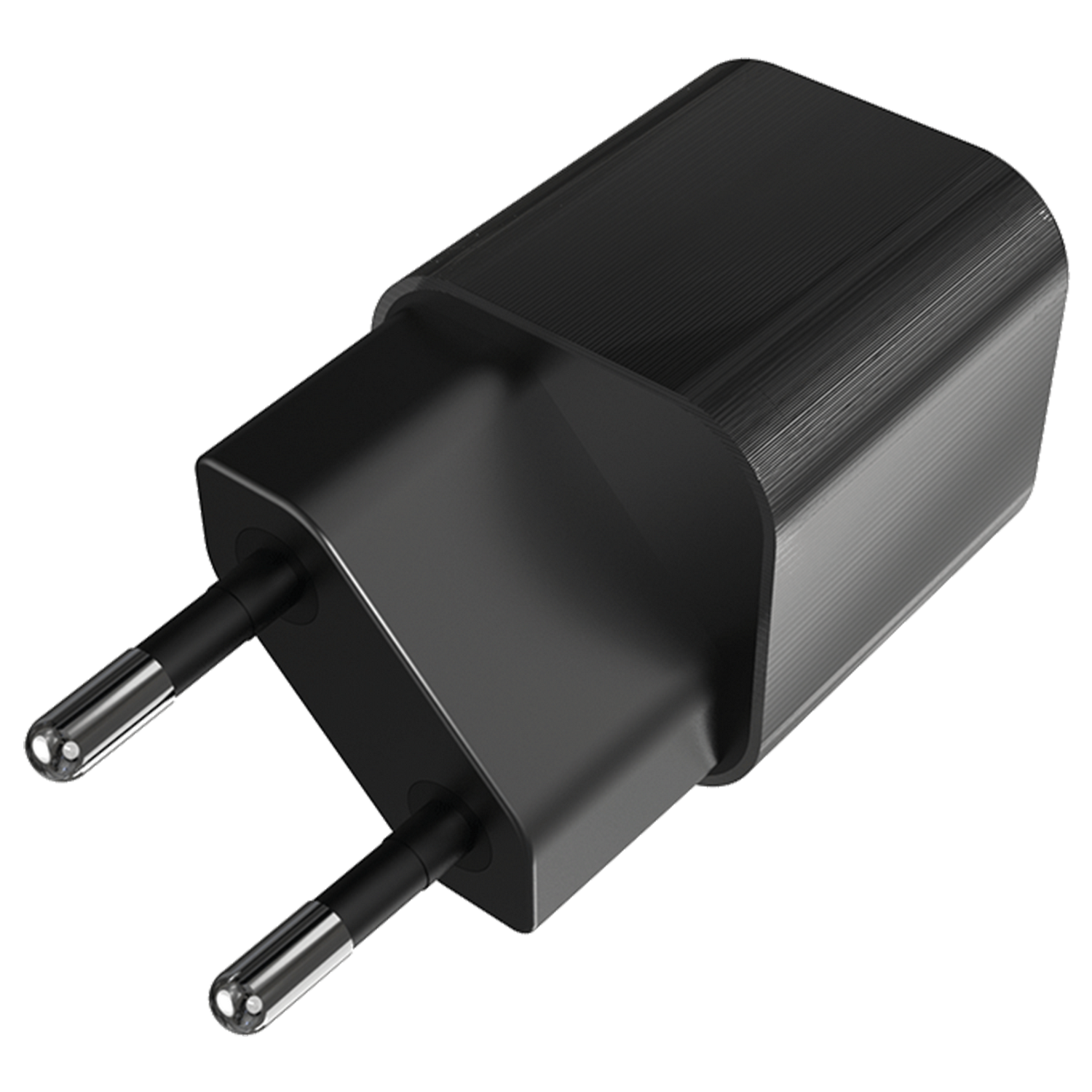 Un adaptador de corriente USB negro con dos patillas metálicas redondas sobre fondo negro.